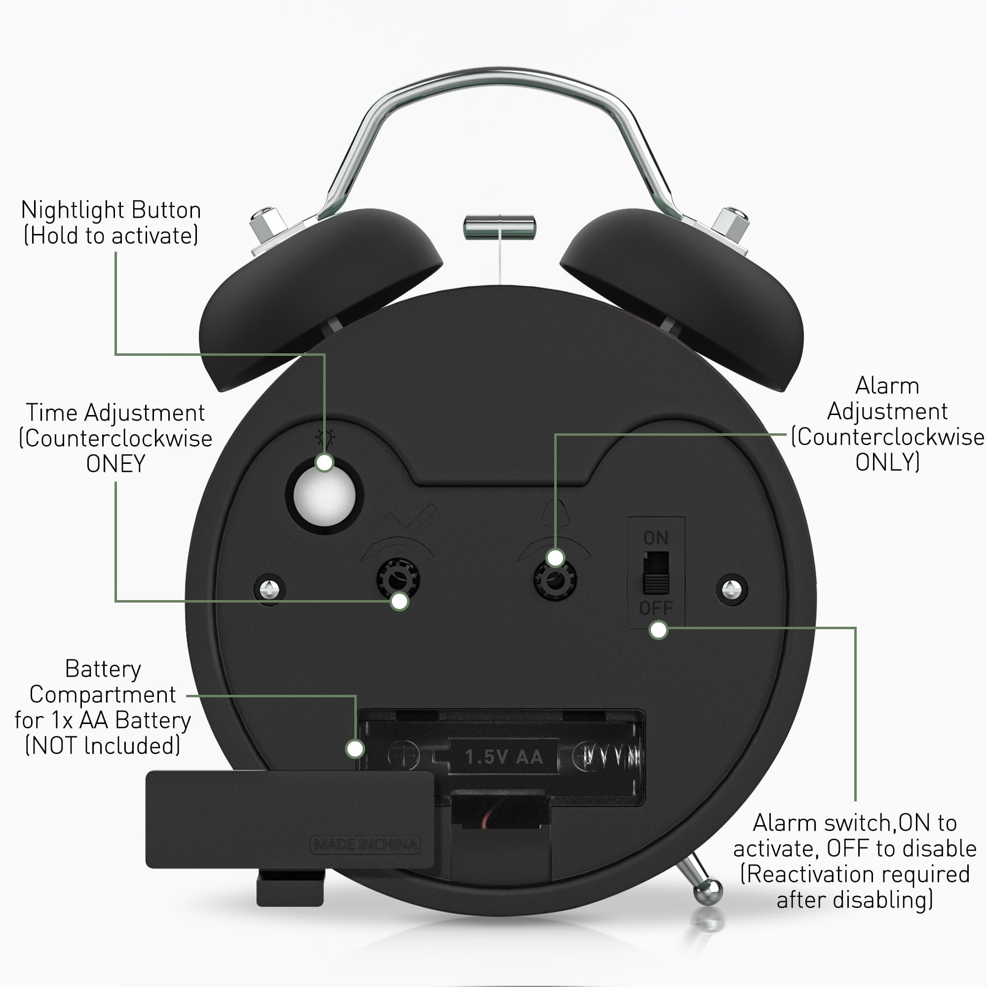 Réveil super fort pour gros dormeurs, 4 pouces double cloche avec rétroéclairage, Silencieux, Cadran lumineux, Noir - 5