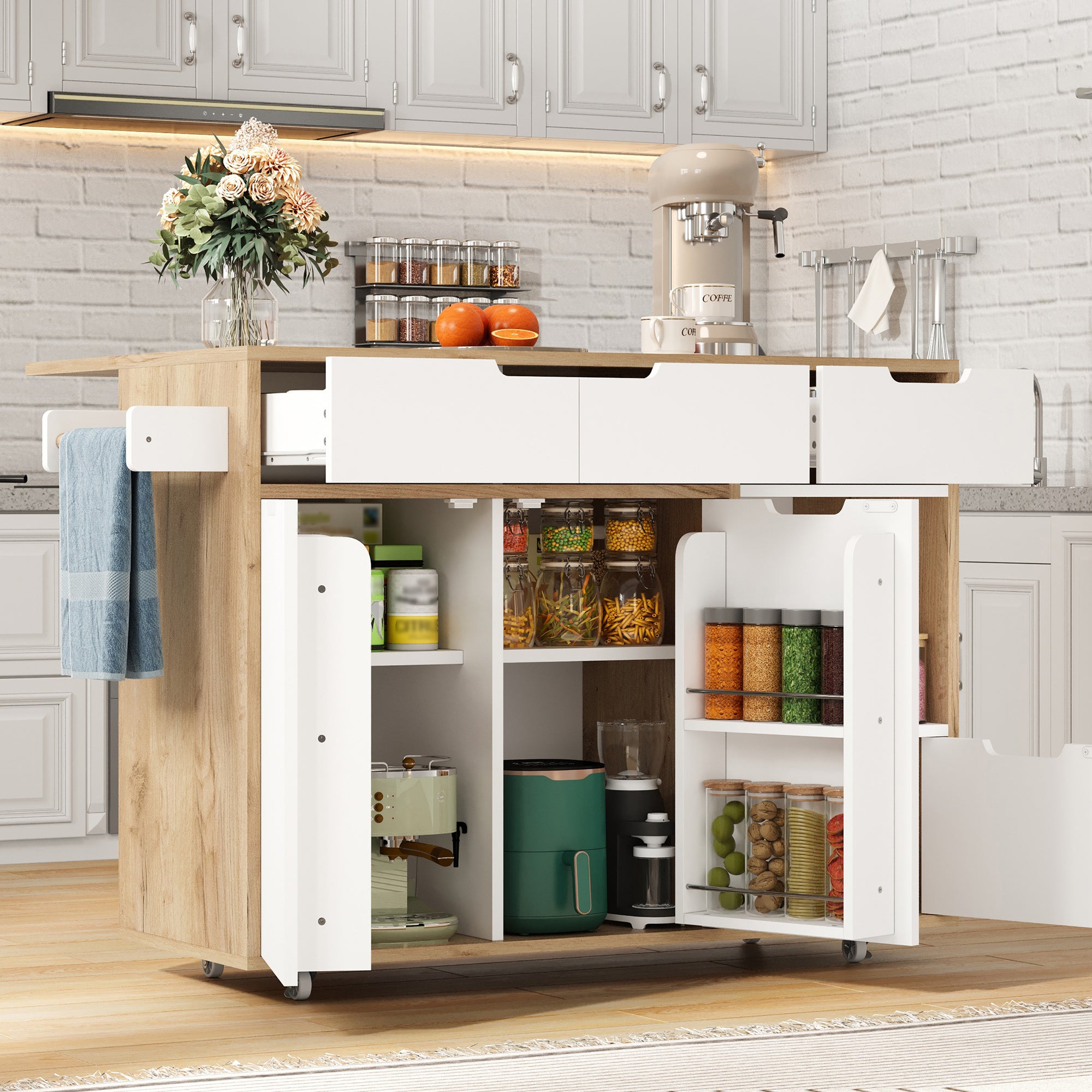 Mueble de almacenaje con ruedas, 120x46x85 cm, cajones y puertas, compartimentos abiertos, blanco y efecto madera - 2