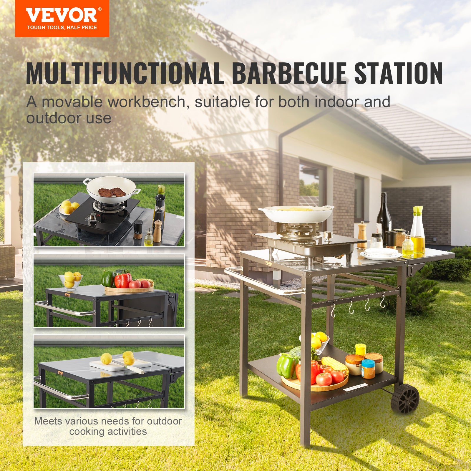 Desserte Plancha à VEVOR 2 Niveaux Chariot de Barbecue avec Plan de Travail Pliable Table de Barbecue sur Roulettes pour Préparation de Cuisine BBQ - 2