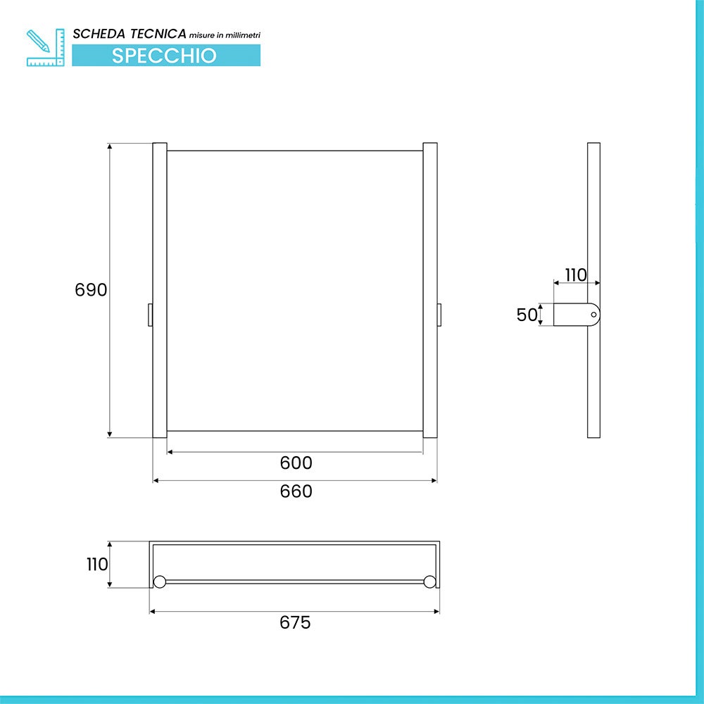 Specchio reclinabile per disabili 60x65 con cornice e staffe - 2