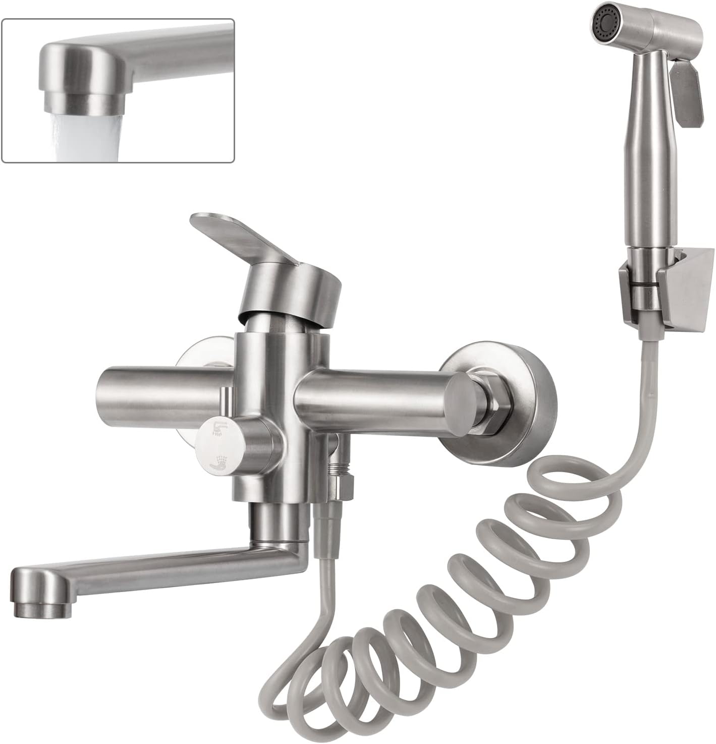 Bateria kuchenna ścienna z pistoletem natryskowym - bateria kuchenna obrotowa 360°, stal nierdzewna - szczotkowana