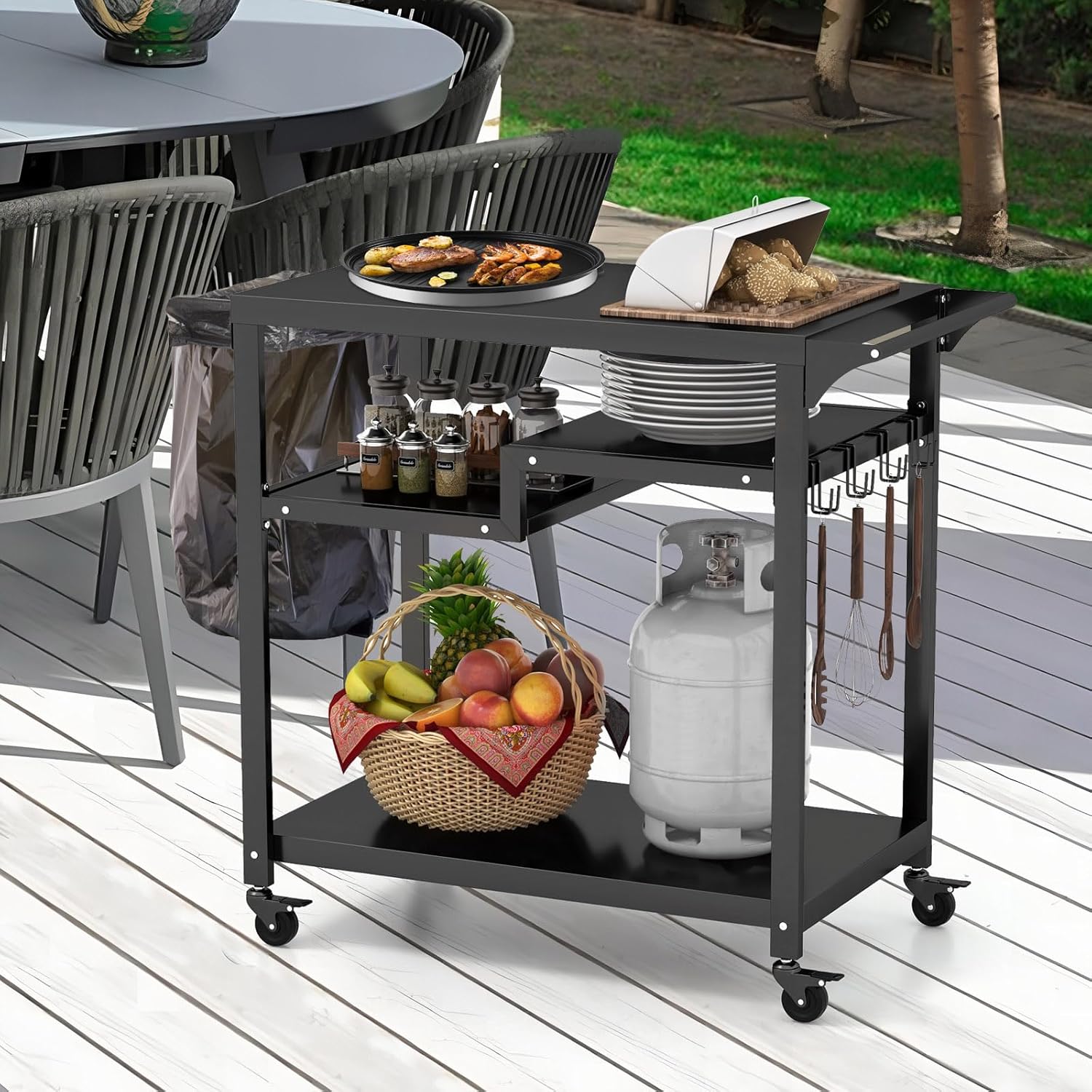 Carrello Barbecue da Esterno, Carrello BBQ Portatile con 3 Ripiani, 4 Ruote Bloccabili, Ganci, Maniglia Laterale, per Cucina Giardino - 2