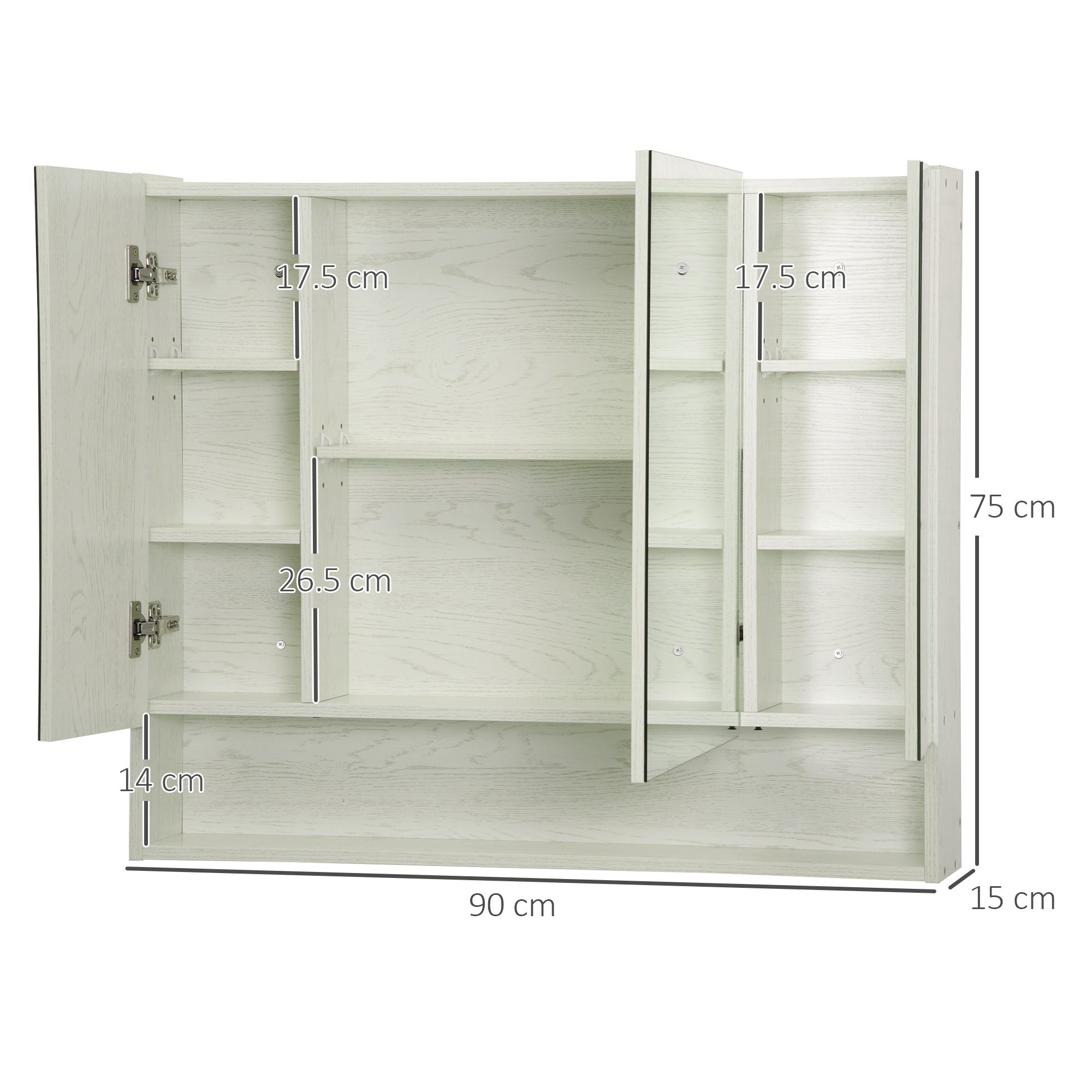 kleankin Armadietto a Specchio per Bagno con Ripiani Regolabili, 3 Porte e Credenze, in MDF e Vetro, 90x15x75 cm, Bianco - 3