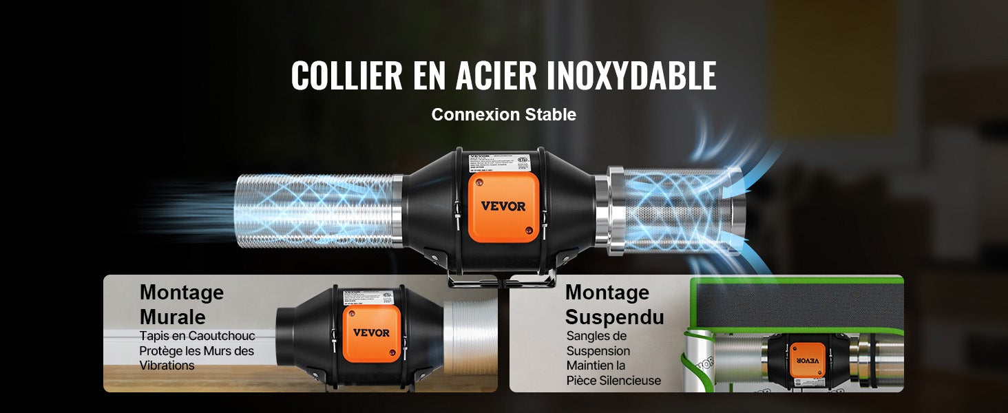 Ventilateur d'Extraction en Ligne VEVOR 100 mm Extracteur de Conduit d'Air avec Capteur de Température pour Salons Tentes Cuisines Sous-Sols - 9