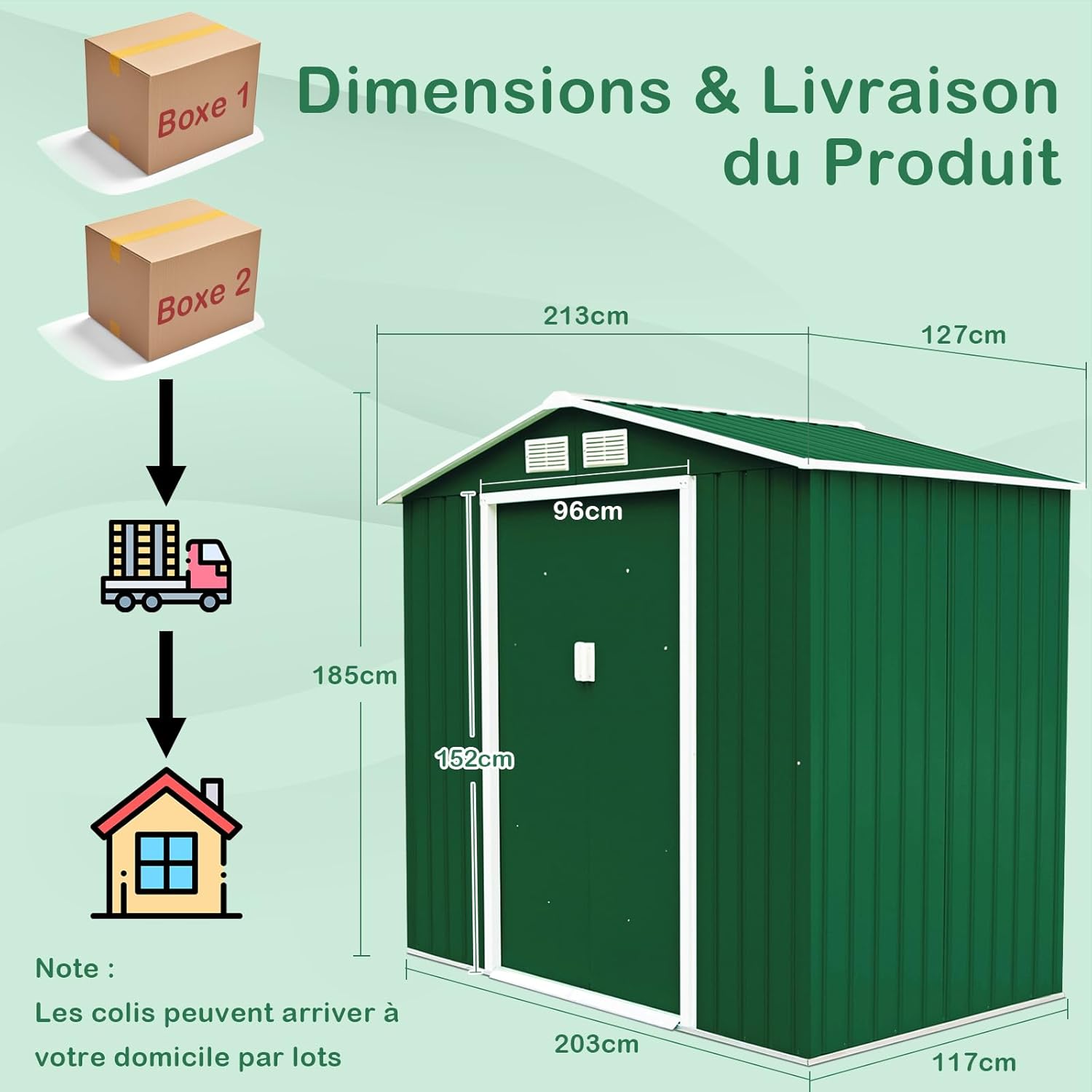 2,37㎡ Abri de Jardin Métal Galvanisé avec Base, 213 x 127 x 185 cm, Cabane de Rangement à Outils avec Portes Coulissantes&Fenêtres, 4,39m³ Vert - 3