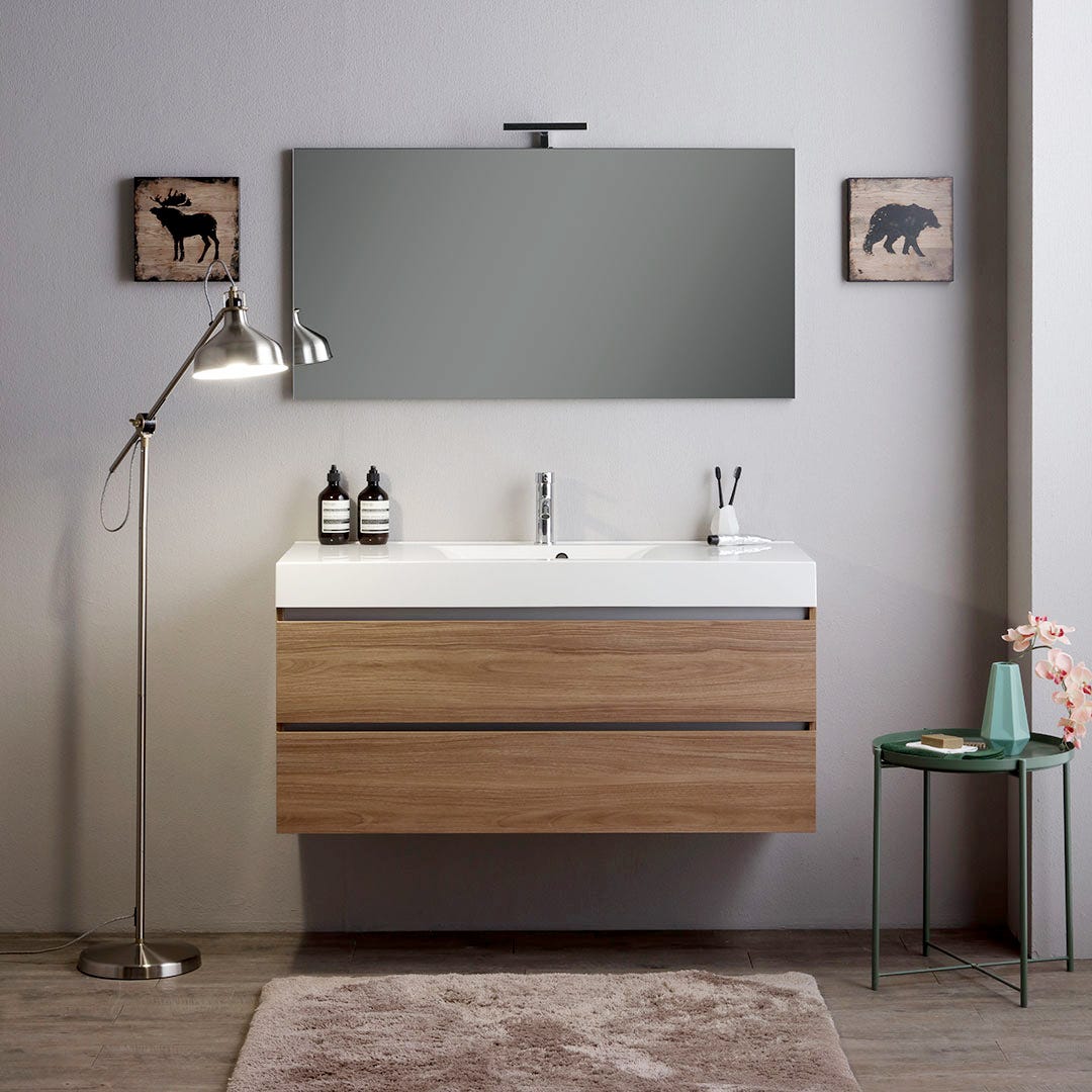 Meuble de salle de bains suspendu 120cm 2 tiroirs chêne naturel, lavabo et miroir 120x60 | Valentina - 2