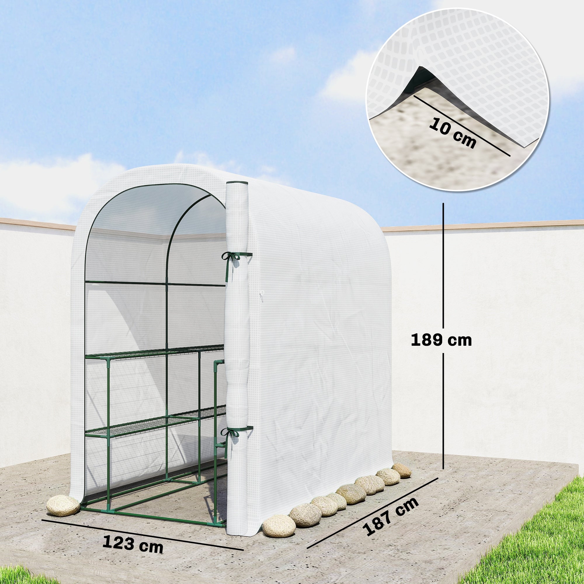 Serre de jardin avec étagères, 123x187x189cm, petite serre avec porte enroulable, bâche PE haute densité 140 g/m², blanc - 5