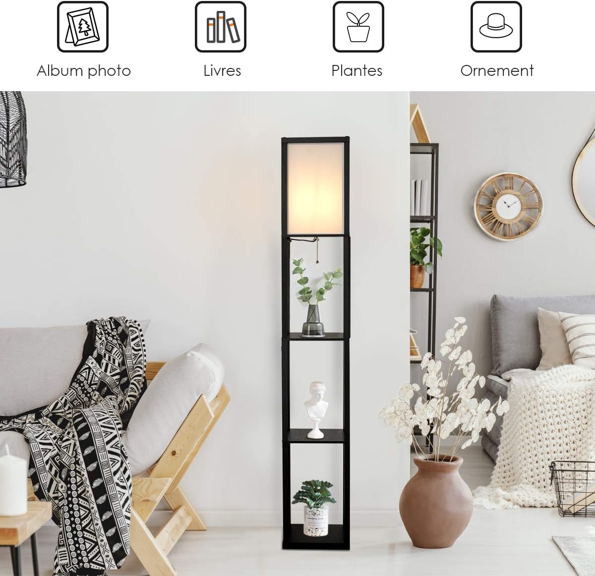 Lampadaire Interieur 1,6M avec Tablettes de Rangement a 3 Niveaux, Lampe sur Pied, Abat-jour en Tissu, Ampoule E27+60W(NON Inclue) (Noir) - 2