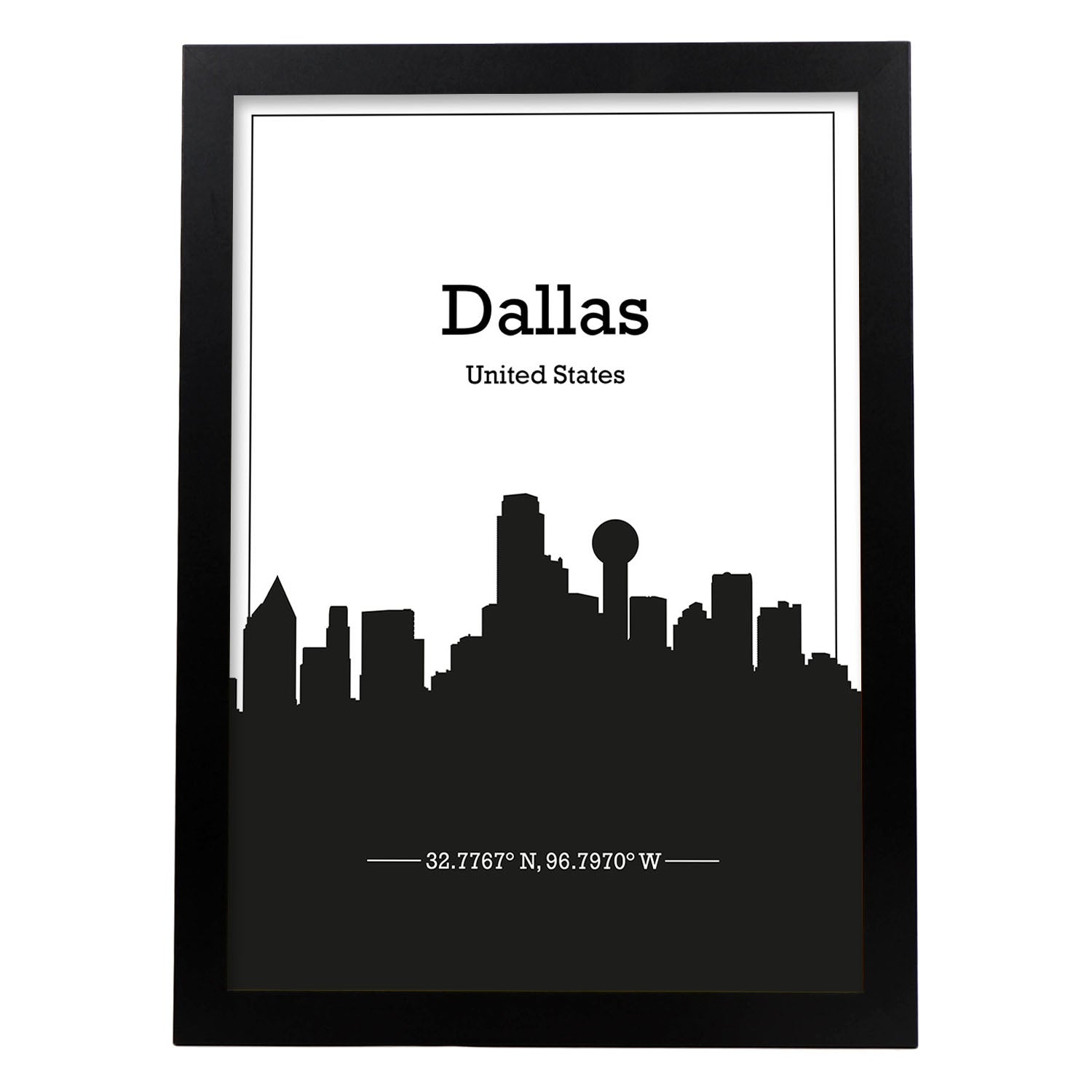 Poster con mapa de dallas usa. láminas con skyline de ciudades de estados unidos, canada, mexico con sombra negra. sin marco - a3