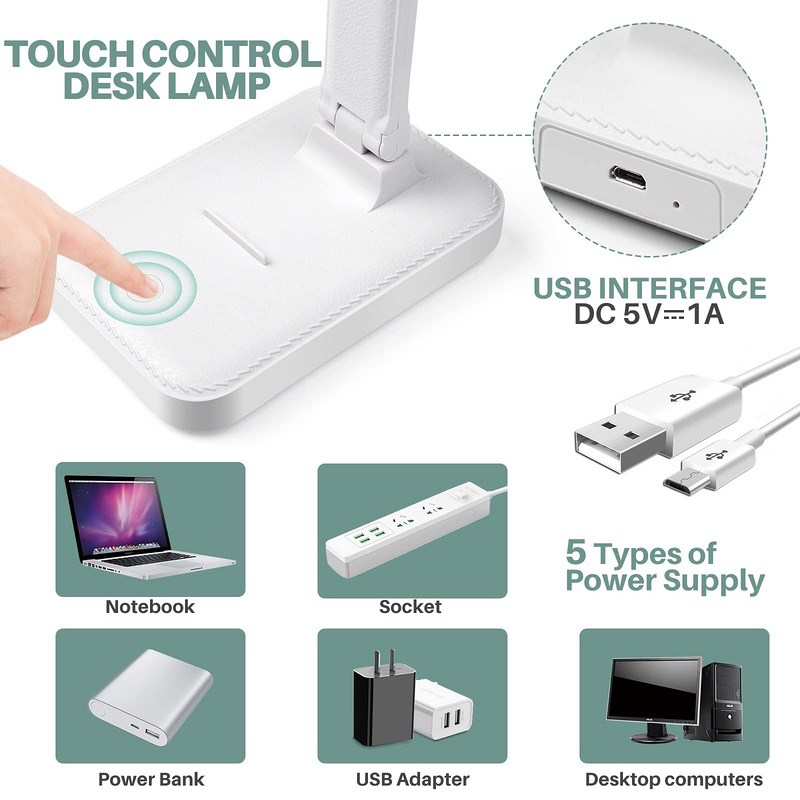 Lampe de bureau,lampe de table LED,pliable 3 couleurs niveaux d'éclairage,USB charge,contrôle tactile,avec protection des yeux LED lumière bureau - 2