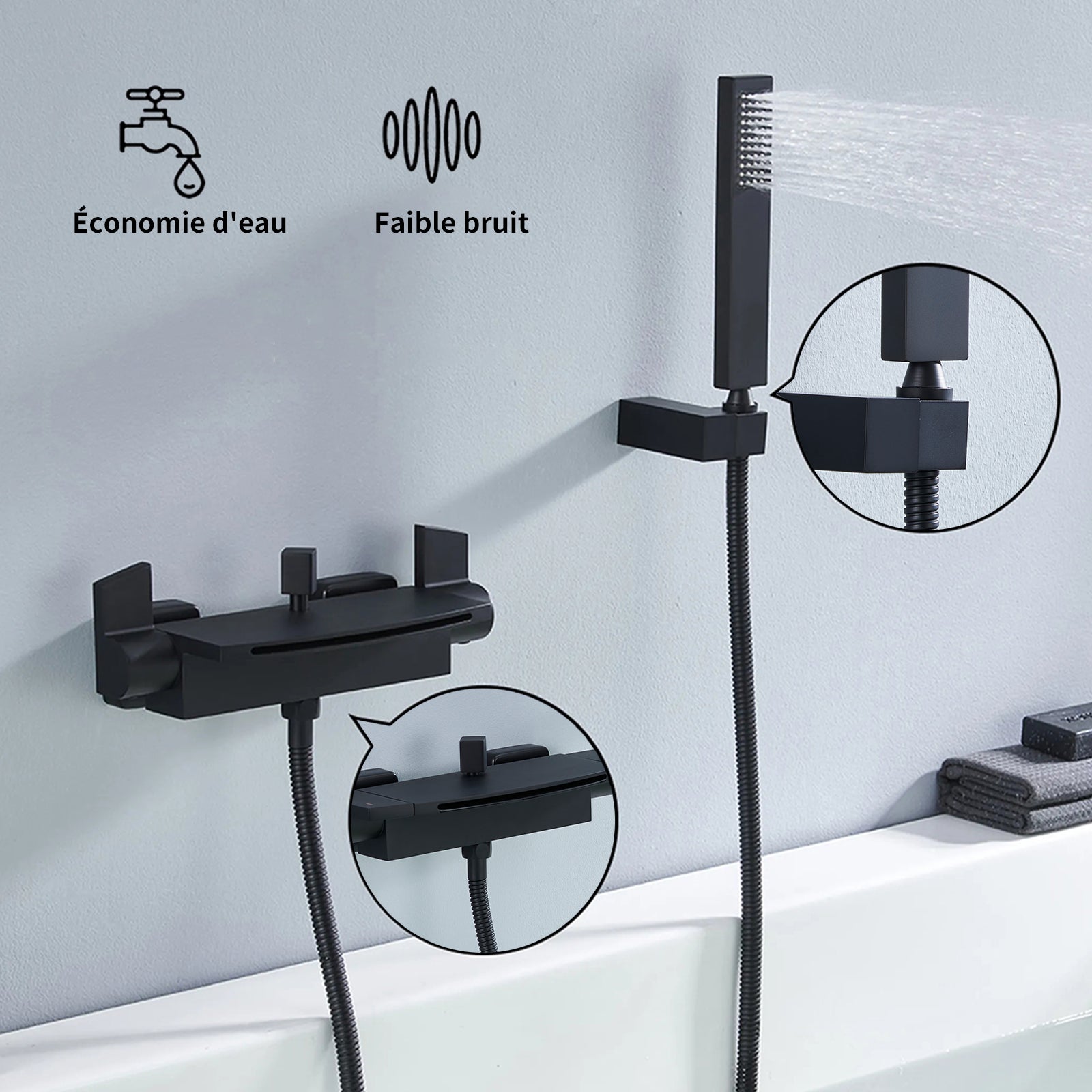 Mitigeur de Baignoire Cascade en Laiton Noir Mat - Robinet Mural Économiseur d'Eau avec Grand Sortie d'Eau, Douchette à Main et Flexible - 5