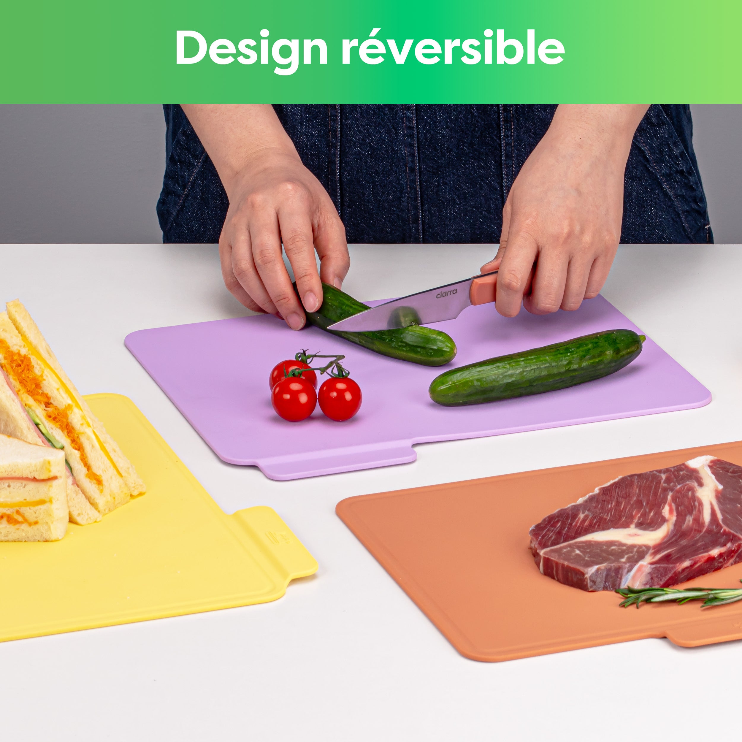 CIARRA Lot de 3 Planches à découper de cuisine en TPU Résistantes aux rayures Flexibles et Antidérapantes Multicolores CBCBSET3 - 6