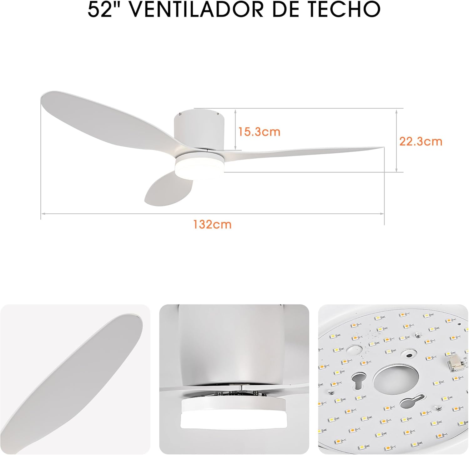Parrot Uncle Ventilador de Techo ABS con Luz LED 24W, 6 Velocidades, 3 Aspas 132 cm de Diámetro, Función Verano-Invierno, Temporizador, Blanco - 5