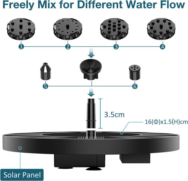 Fontaine solaire d'extérieur avec 6 buses, pompe solaire pour étang, piscine, patio, décoration, 16 cm - 3