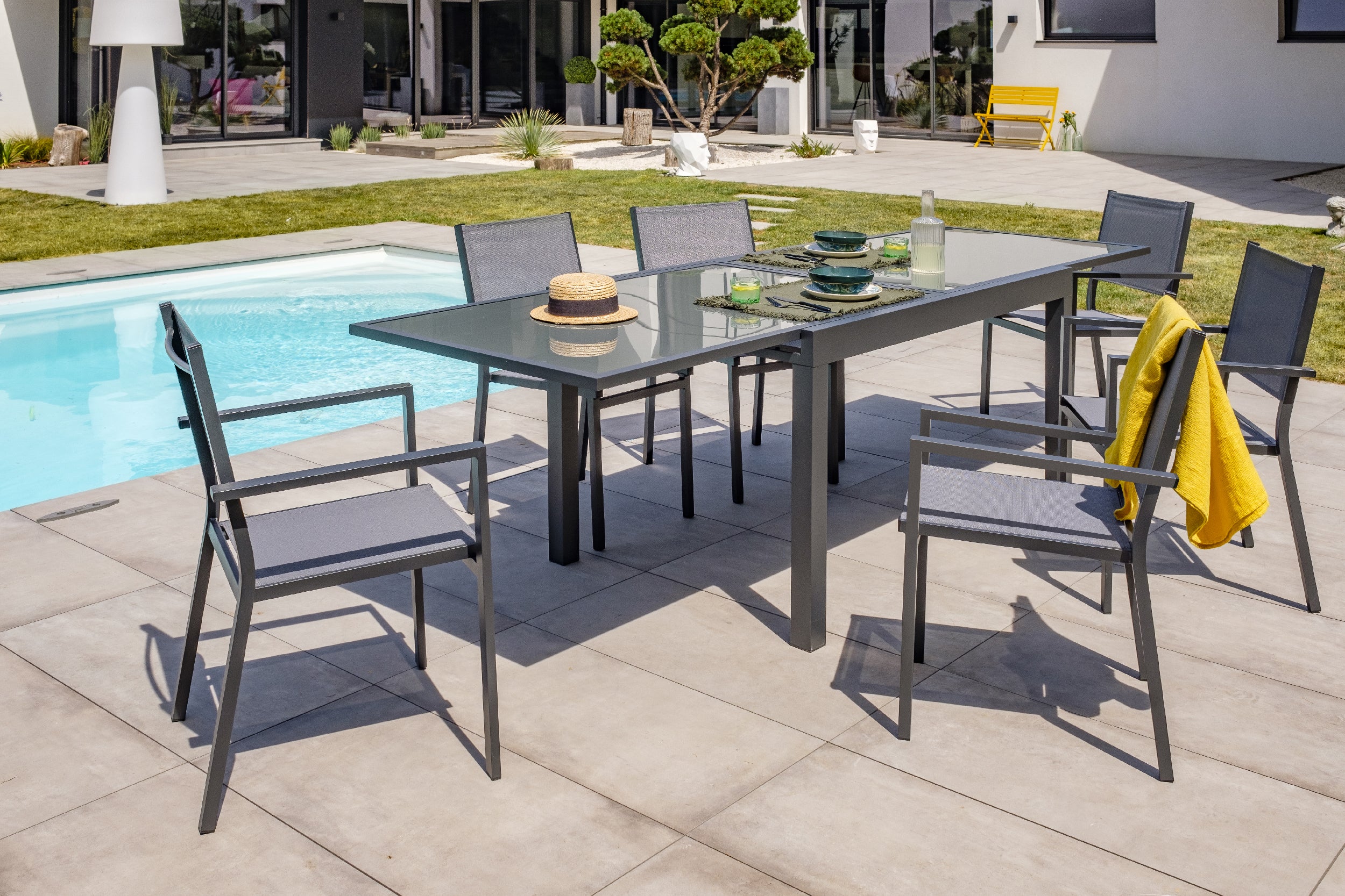 Fauteuil de jardin empilable alu anthracite et toile plastifiée grise TOLEDE - DCB GARDEN - 5