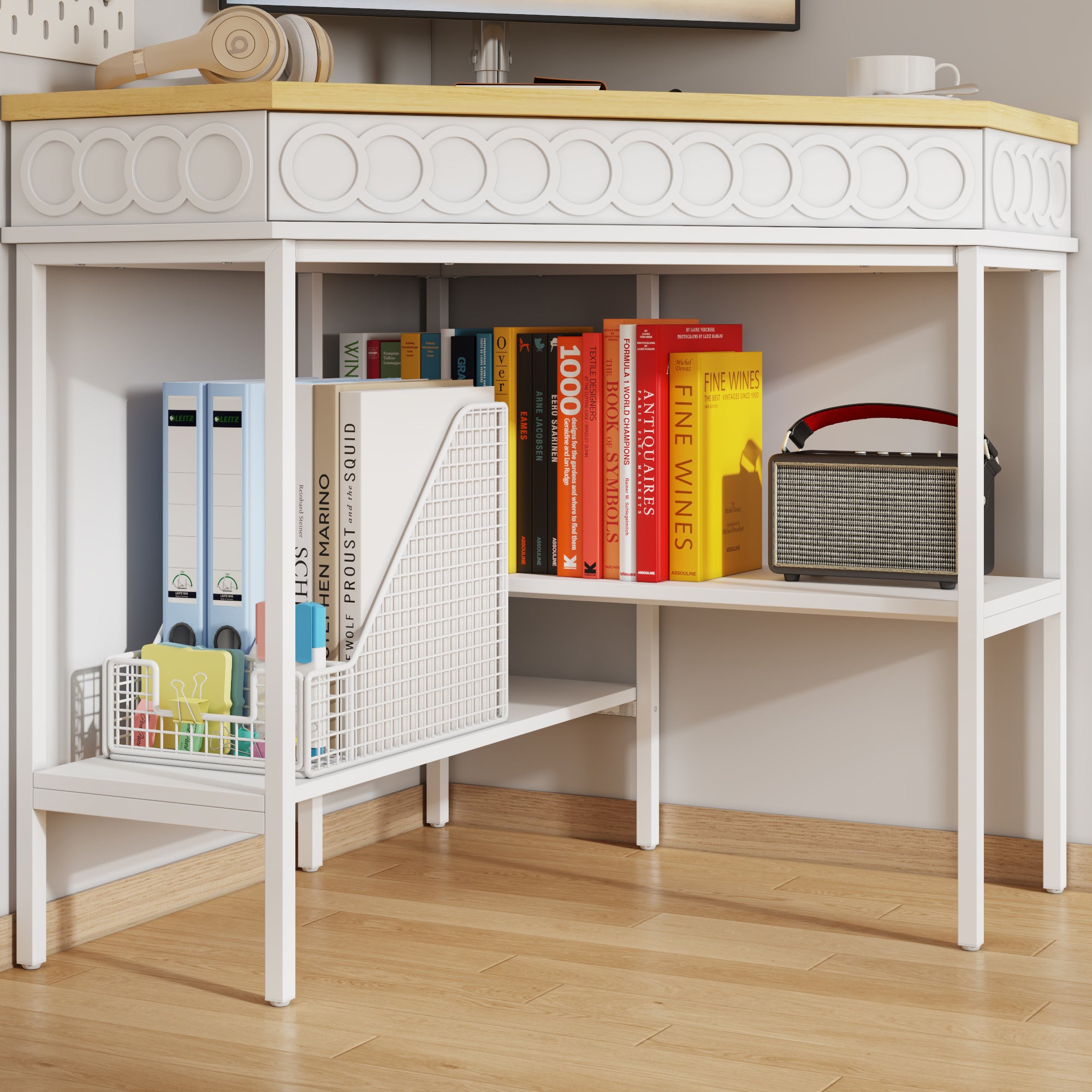 Bureau d’Angle Sculpté avec Tiroir Pivotant et étagères, Bureau Informatique avec Aspect du Bois et Pied en Métal, 80x80x82, Blanc - 5