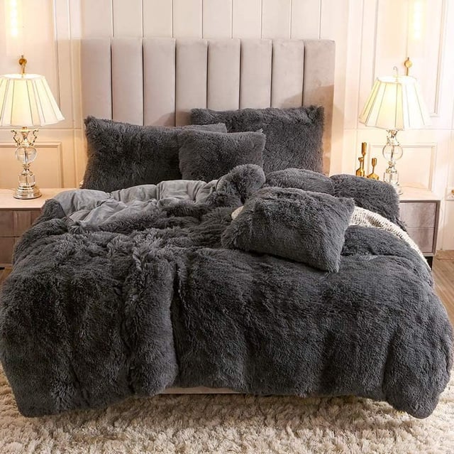 Housse de Couette Peluche 220x240 + 2 Taies 65x65cm - Gris Foncé