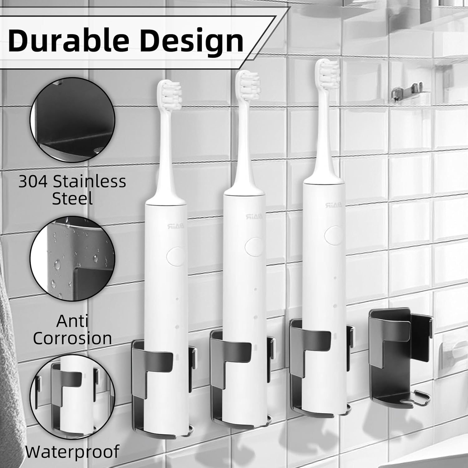 Porte-Brosse à Dents Mural Noir 2 Pièces, Support Brosse à Dent Électrique sans Perçage, en Acier Inoxydable 304, Compatible avec Oral-B, Sonicare et - 2