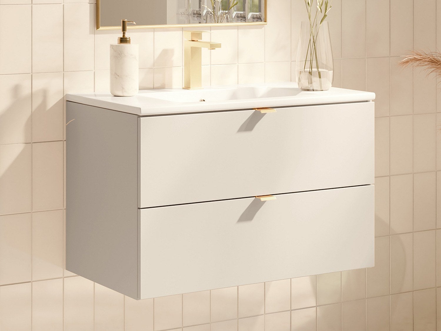 Podwieszana szafka łazienkowa z umywalką do zabudowy - Beżowa - 80 cm - LAVENA