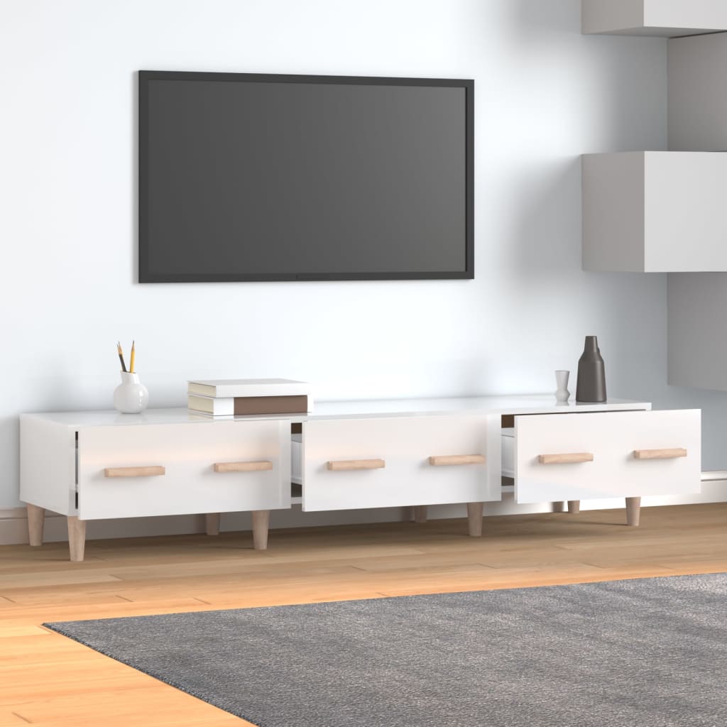 Meuble TV Blanc Brillant 100x24x32 Cm - Avec 2 étagères, Design Moderne - Pour Salon, Salle à Manger Ou Chambre - 3