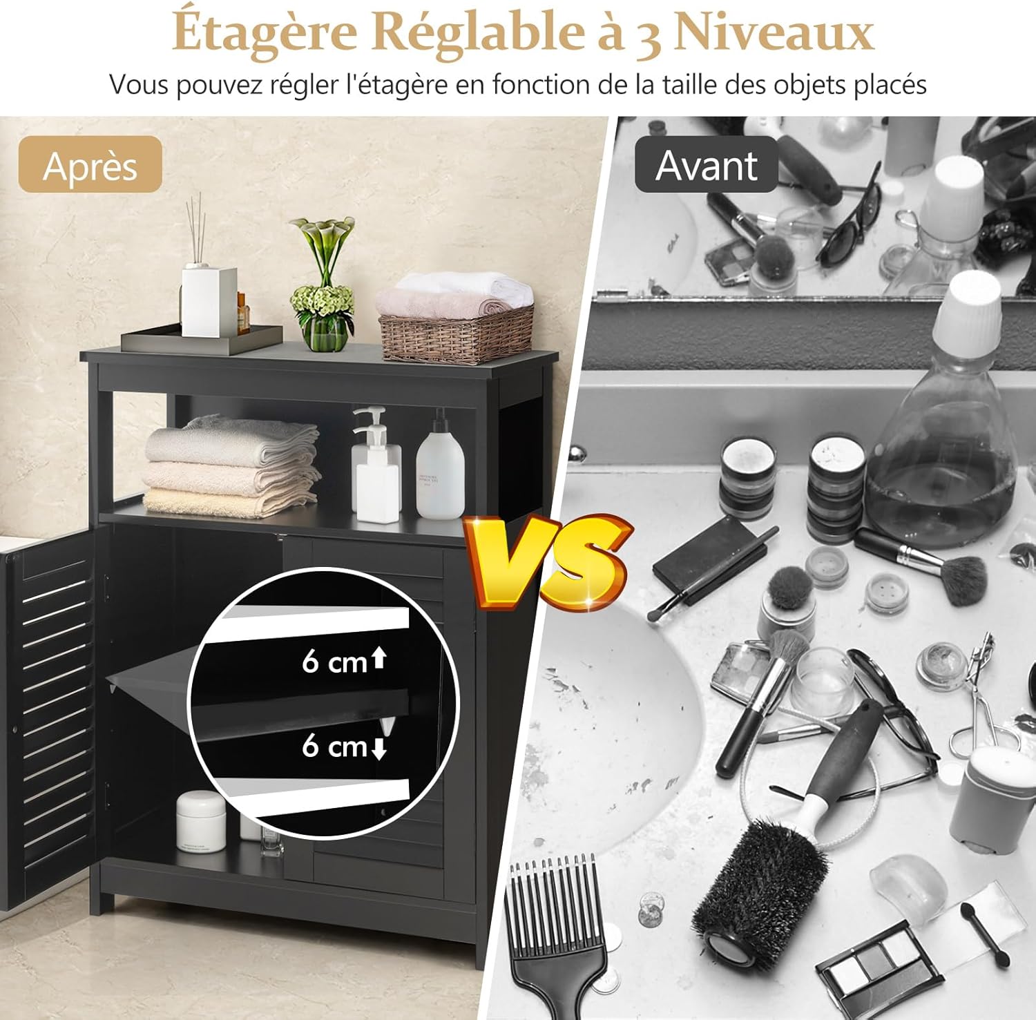 Armadietto da Bagno, Armadietto di Legno con Doppie Ante a Persiana e Mensola Regolabile, Mobile da Bagno Basso Salvaspazio per Ingresso e Cam - 9