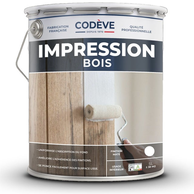 Impression Bois - 5 L - Codeve Bois - RAL 9010 - Blanc pur - Pour Couvrir Un Fond En Bois Trop Foncé, Noirci, Taché Ou Nuancé.