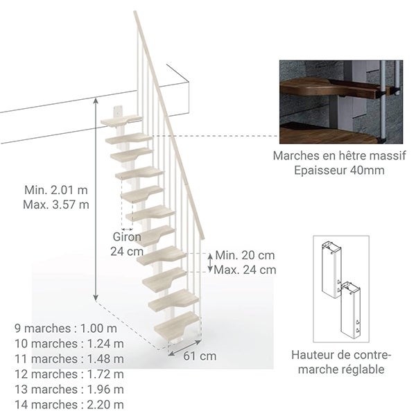 Escalier droit 9 marches - Hauteur à franchir de 2.01 à 2.37m - Largeur 61cm - Couleur bois et blanc - MINI61/I/SBMBLA-9 - 2