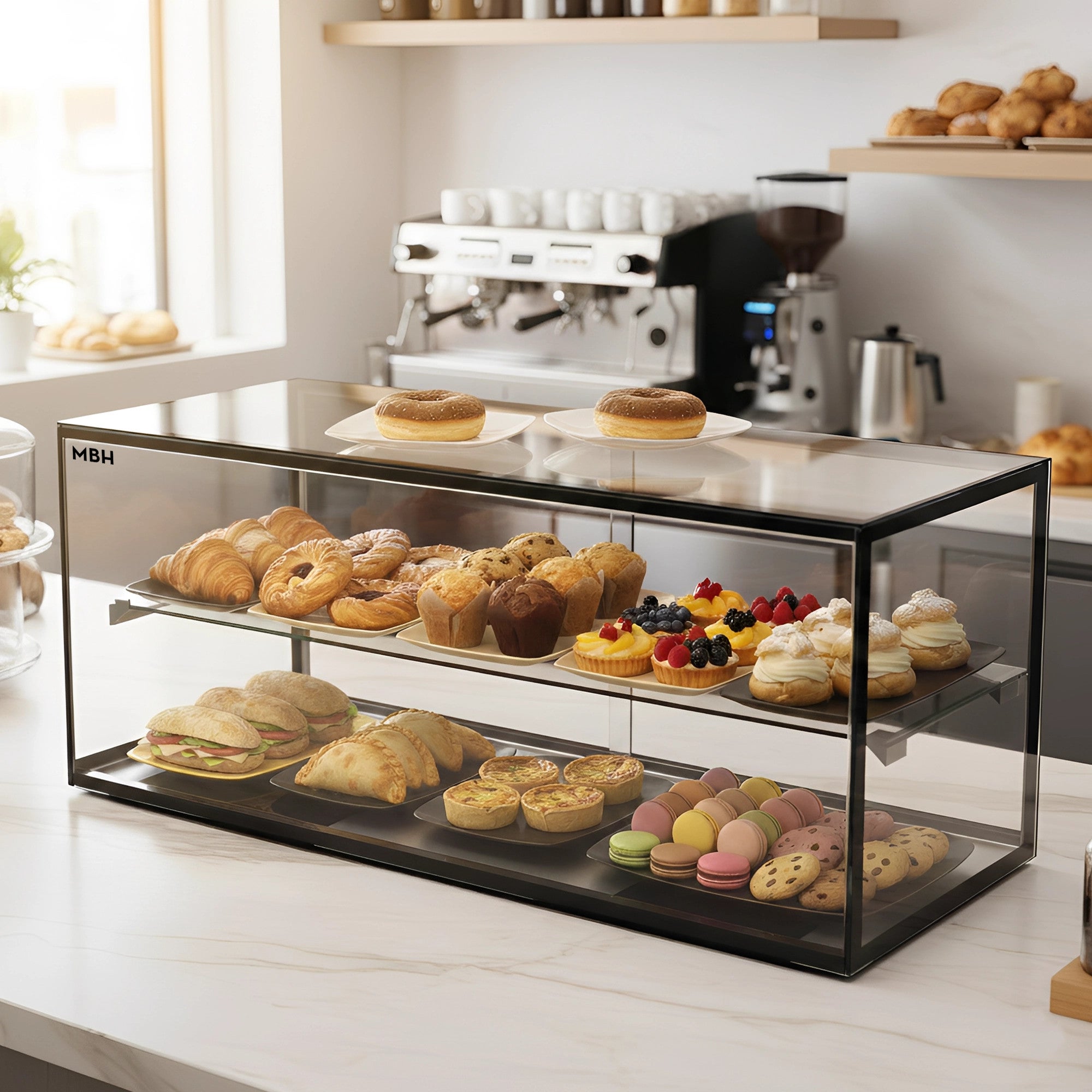 MBH - Vitrine d’exposition neutre avec éclairage LED 92 cm 2 niveaux pour CHR. Présentoir neutre en verre pour viennoiseries et pâtisserie. - 3