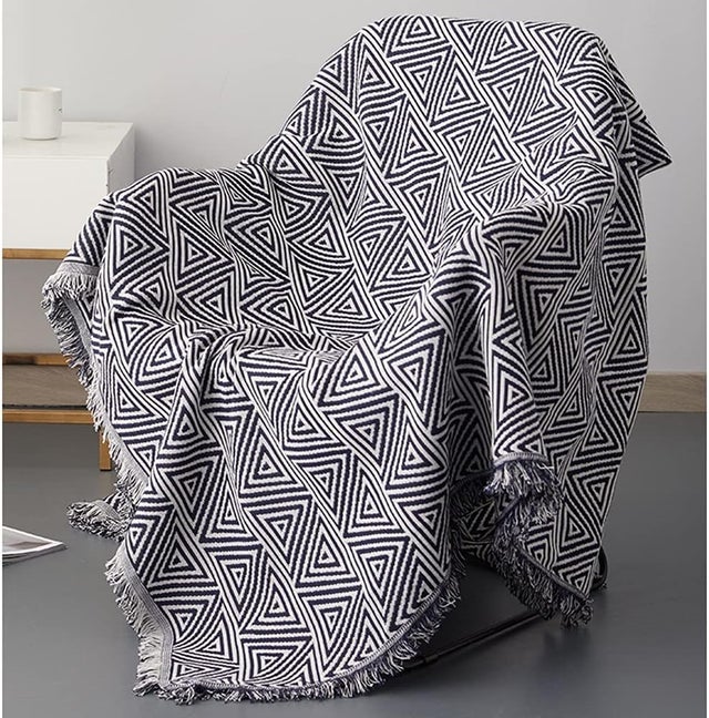 Housse de canapé noire et blanche 90 x 180 cm - Protection et décoration - Housse de canapé en maille de coton à pompons