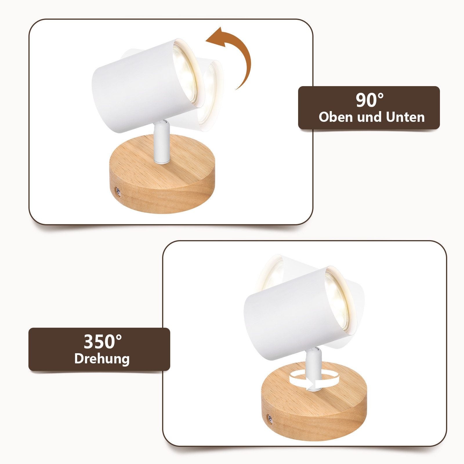 NETTLIFE Plafonnier LED 1 flamme - Blanc Plafonnier GU10 Spot pivotant Applique murale en bois Spot mural pour salon chambre Sans ampoule - 3