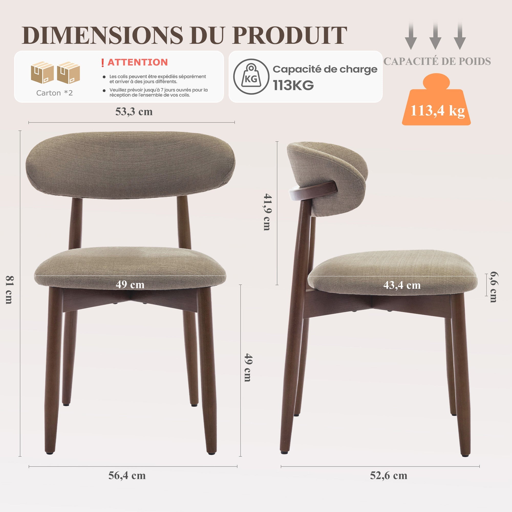 Lot de 2 Chaises de Salle à Manger, Assise en Mousse Haute Densité, Dossier Ergonomique, Marron - 2