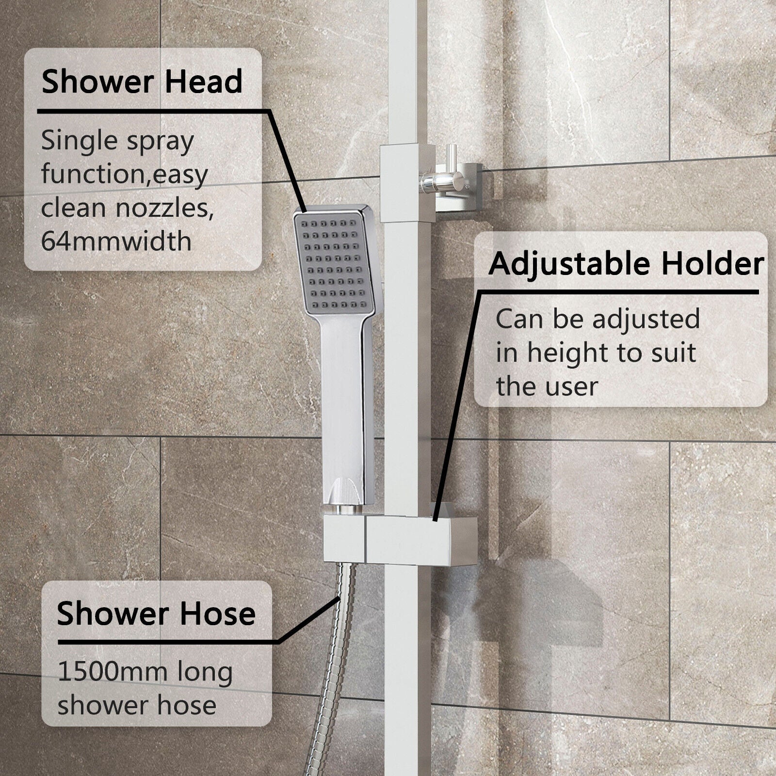 Ensemble de colonne de douche thermostatique carrée chromée à hauteur réglable AICA - 4