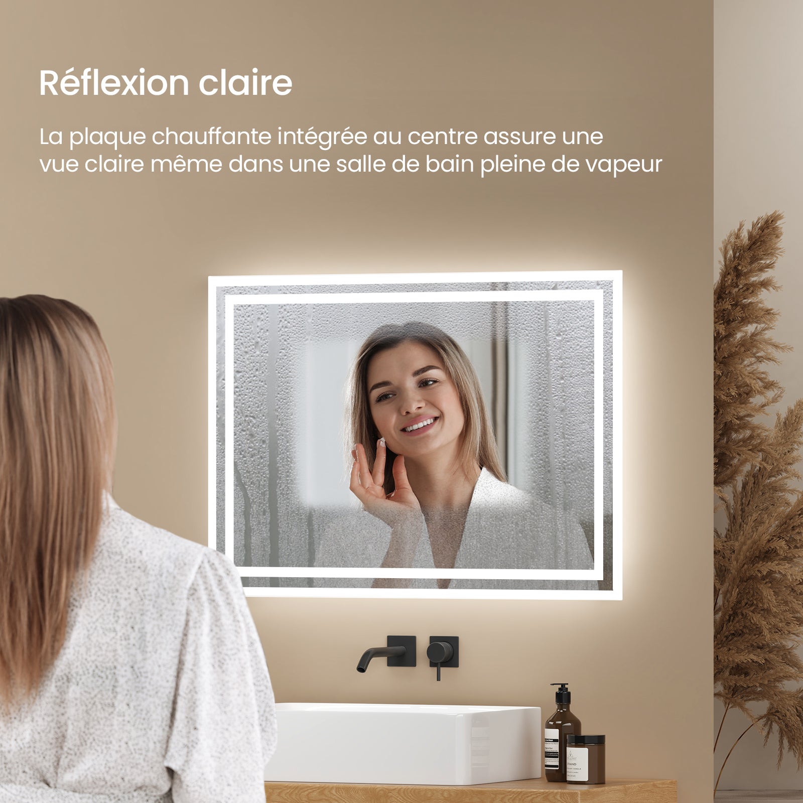 EMKE Miroir lumineux salle de bain 60x50cm, Miroir LED avec Interrupteur à bouton, Anti-buée, Miroir avec éclairage lumière Blanche Froide/Chaude - 4