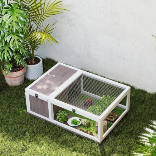 Casa para Tartarugas de Madeira com Tampa Abatível, Viveiro 91x60,5x32 cm, Marrom - 4