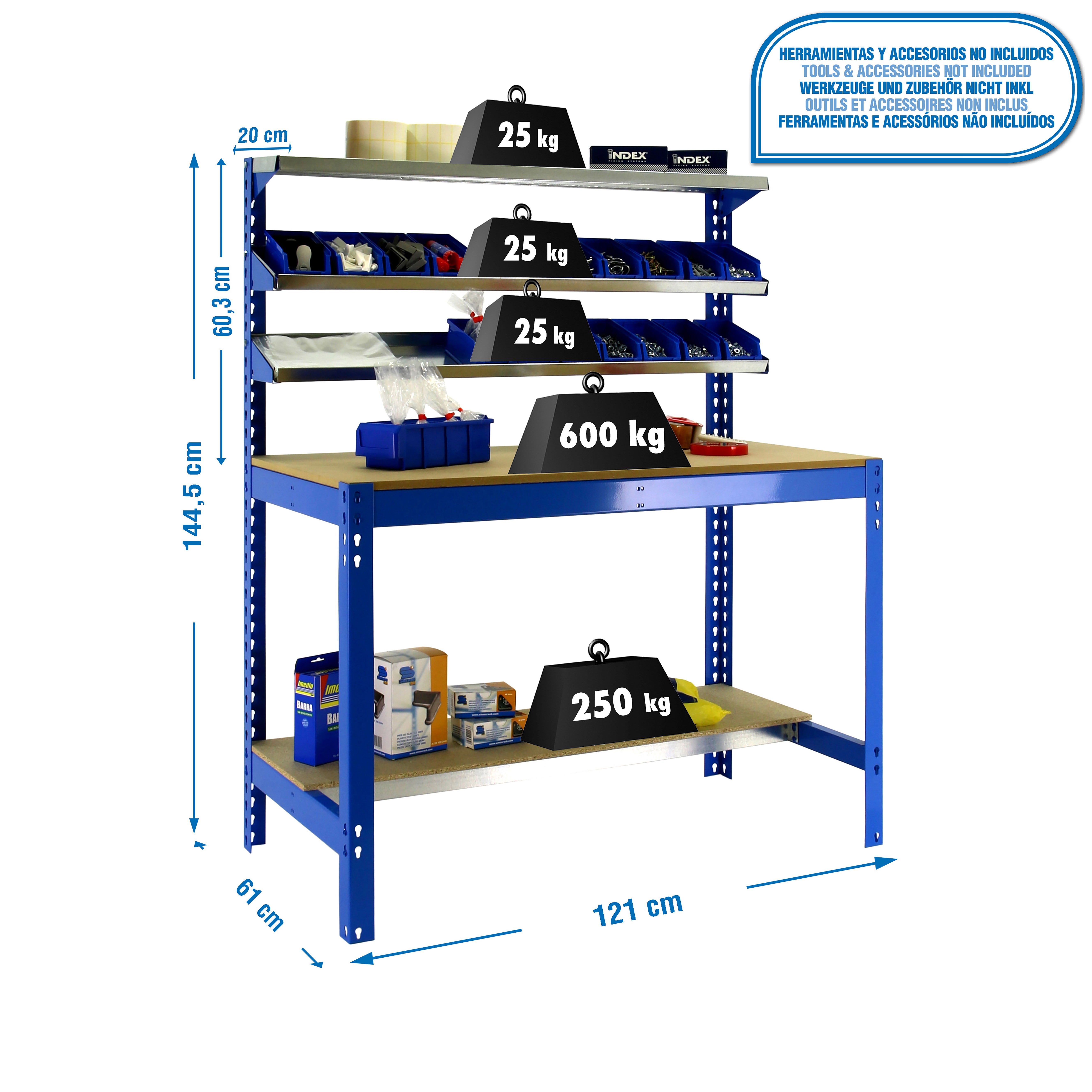 Bancada de trabalho SIMONWORK com 5 prateleiras (144,5x121x61cm) AZUL E MADEIRA - 3