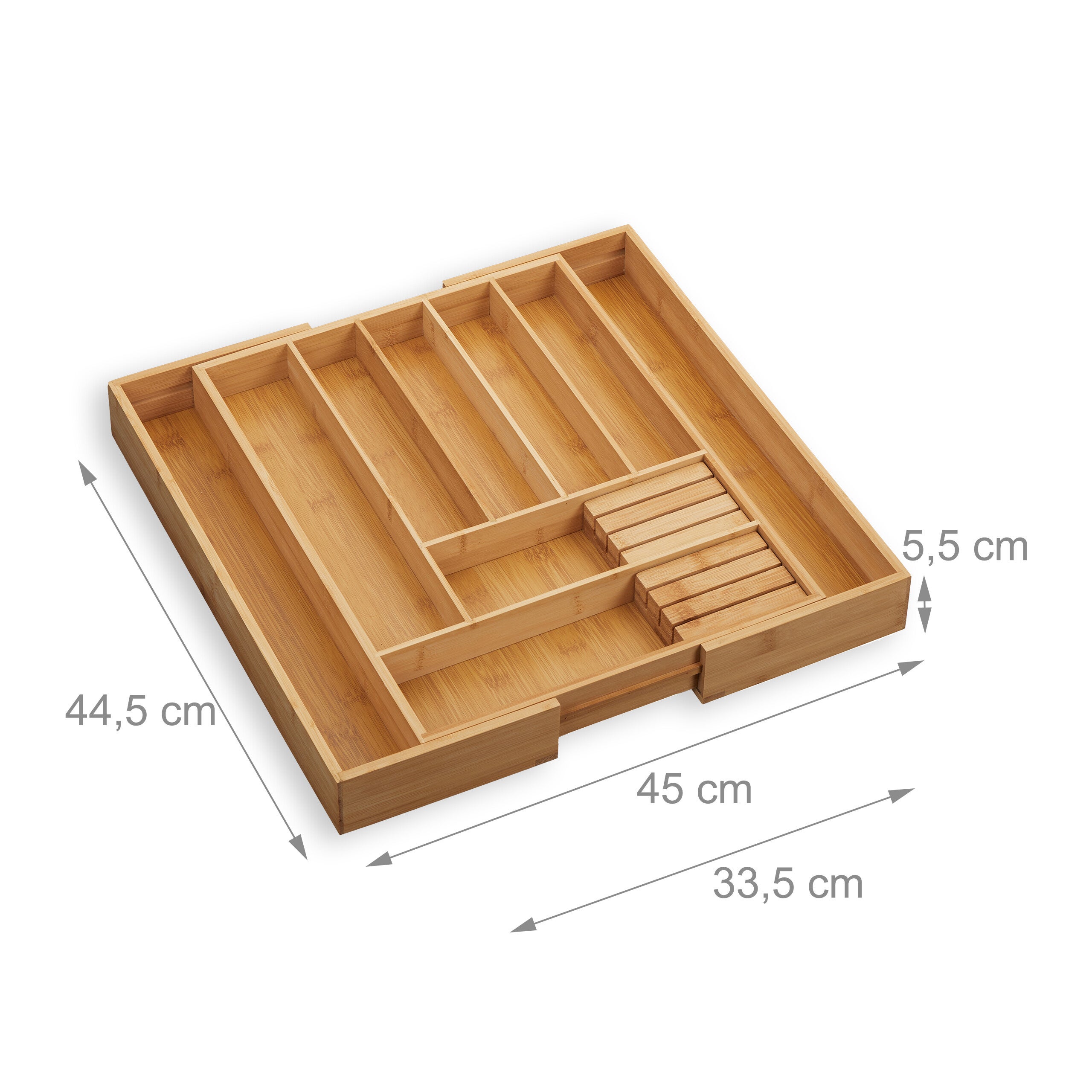 Cubertero Cajón Extensible 9 Compartimentos Bambú, Caja Cubiertos y Cuchillos Cocina, 5,5x45x44,5cm, Natural, Relaxdays - 2
