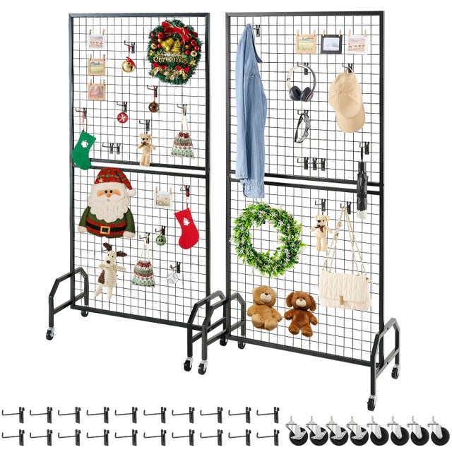Panneaux Muraux Grillagés,Acier Carbone,VEVOR 2,9x5,9 pieds,Lot de 2,Présentoir Mobile avec Roulettes & 10 Crochets,Expo Déco Rangement