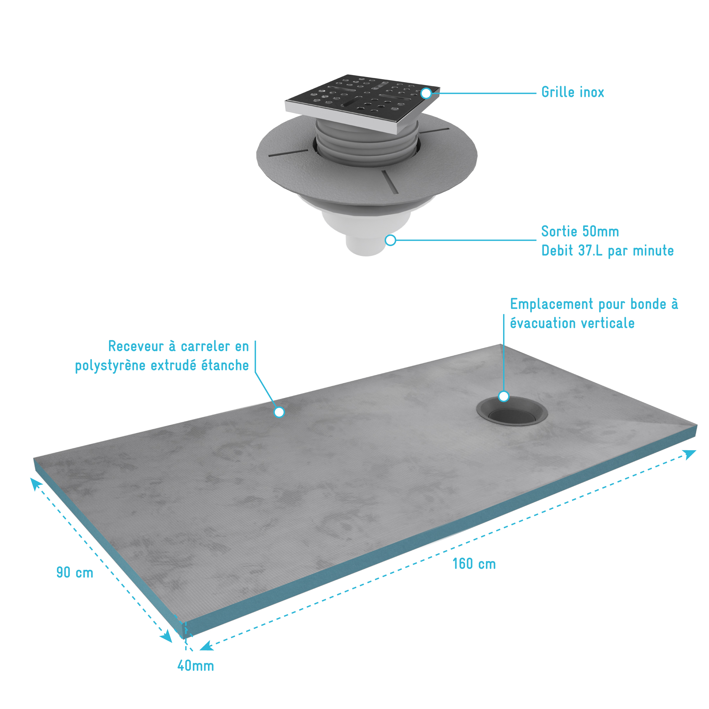 Receveur de Douche à Carreler 160x90 cm avec Bondes à Sortie Verticale - Grille Inox - 3