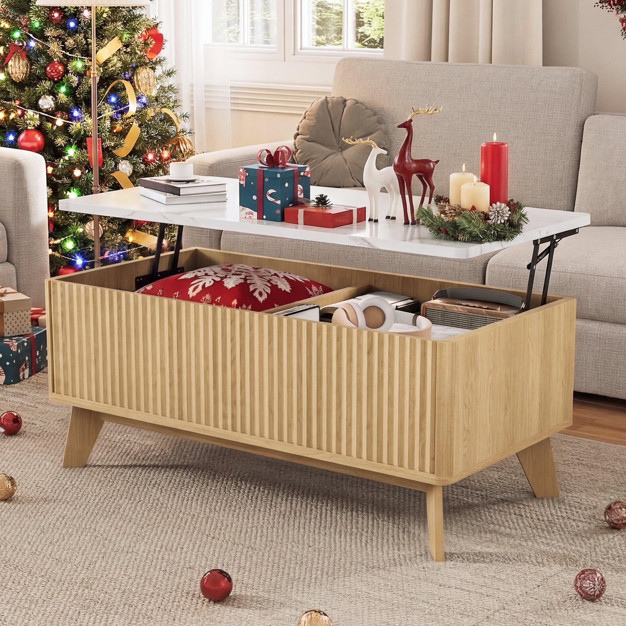 Table Basse,Table de Salon Relevable, Métal Vérin à Gaz, Plateau en Marbre,Compartiment sous Le Plateau,pour Bureau, Salle à Manger, 105x 42 x 53 cm - 2
