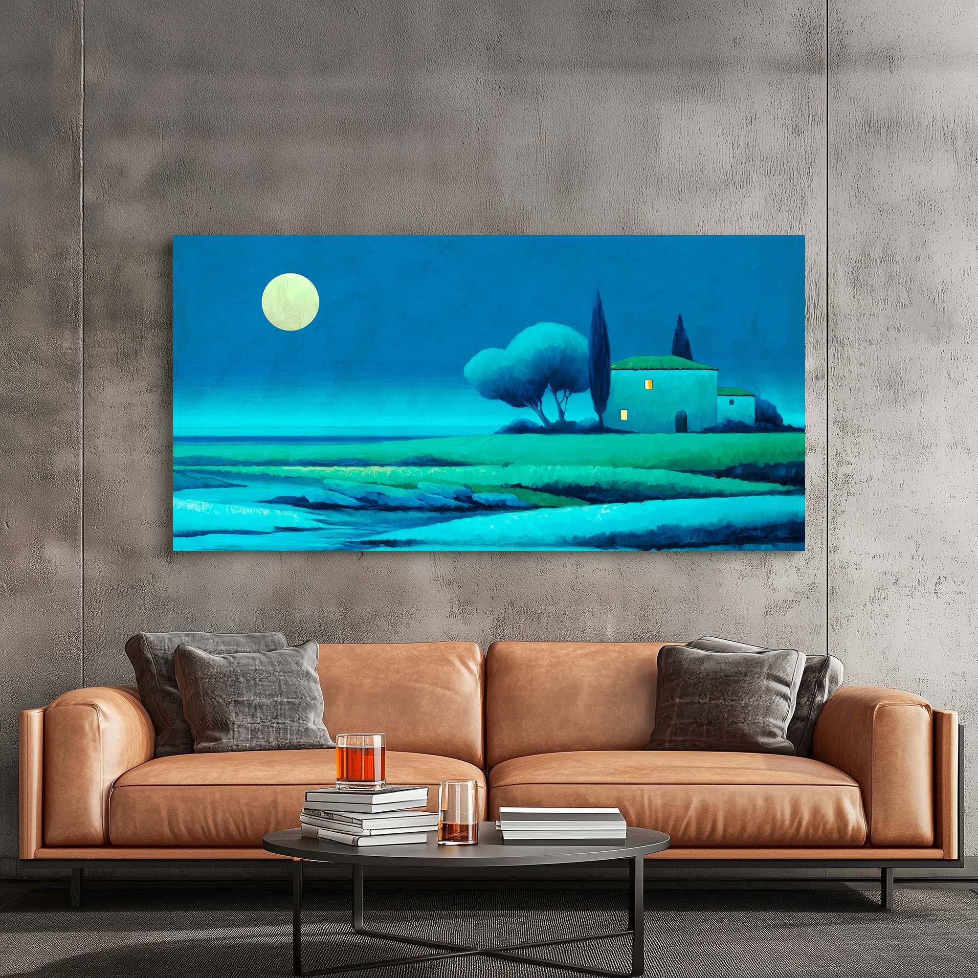 Tableau paysage moderne sur toile - Stefano Renaldi - Lune sur la campagne - 100x50 cm - 3
