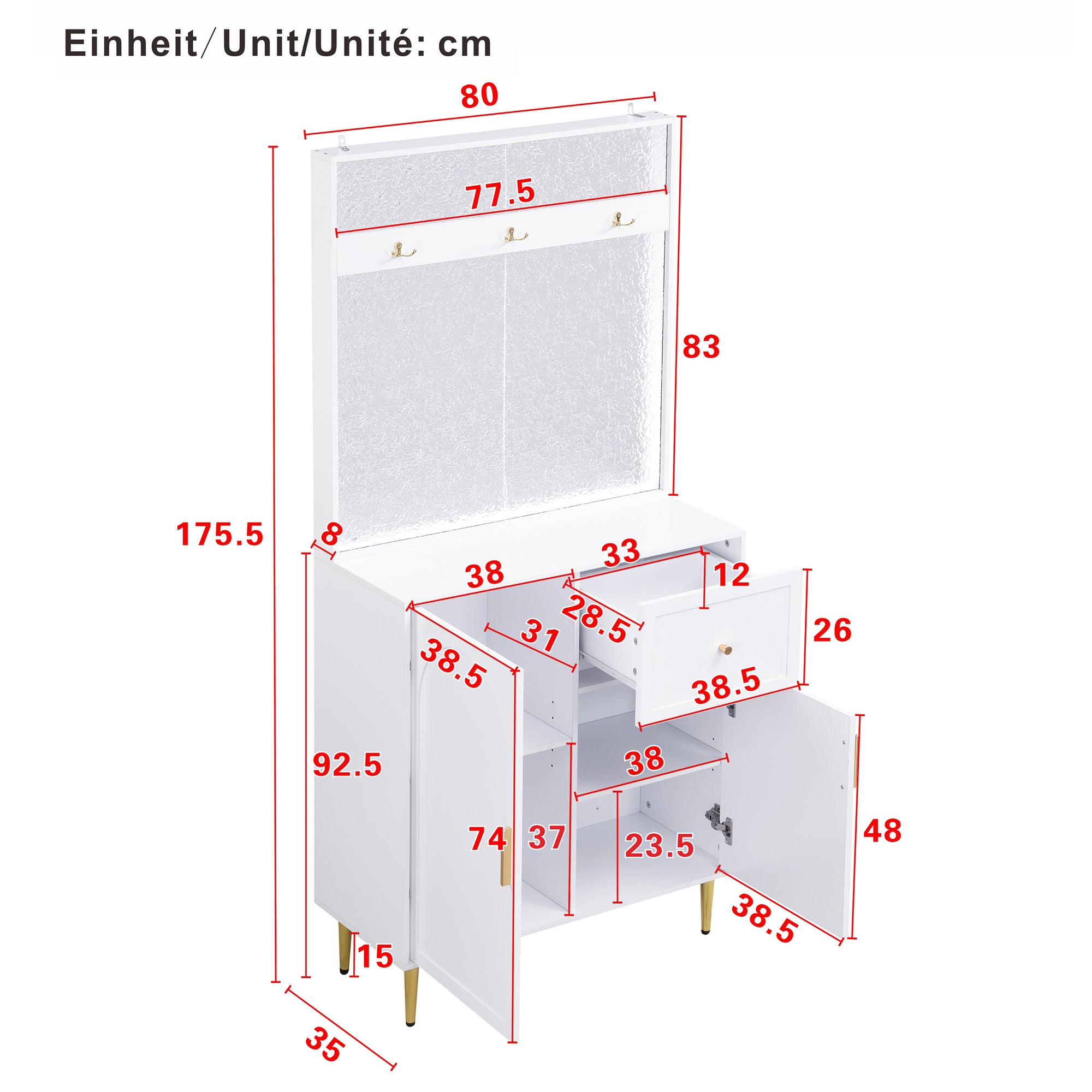 Ensemble vestiaire d'entrée 80x35x175.5 cm - 2 portes et 1 tiroir - avec 3 crochets - Étagères réglables - MDF - Blanc - 5