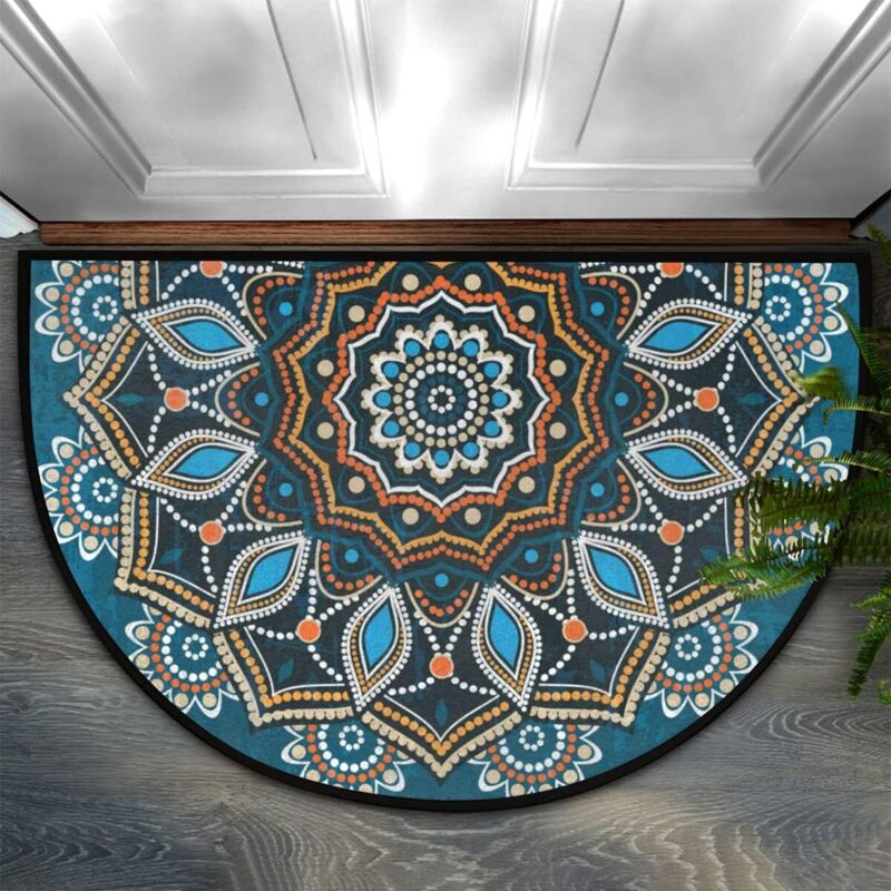 Covoraș rotund semicerc albastru cu model Mandala, covoraș de intrare antiderapant pentru baie, bucătărie, living - 60x90cm