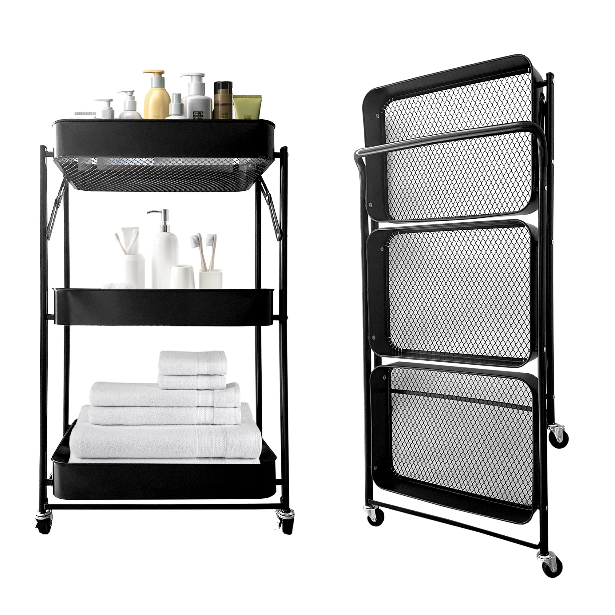 Chariot Pliable 3 Niveaux 88x45x30cm Nyana Home | Chariot Auxiliaire Cuisine ou Salle de Bain | Roulettes avec Frein - 5