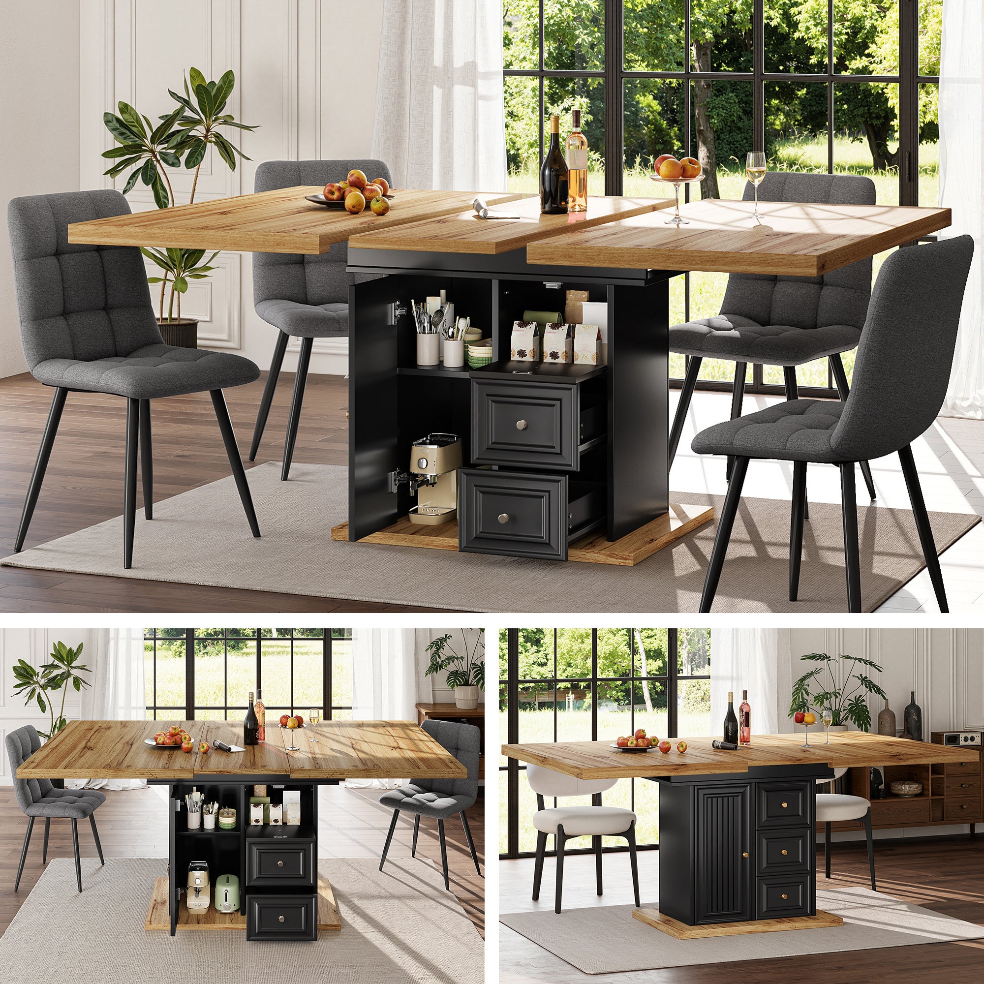 Rozkładany stół jadalny dla 4-6 osób z 1 drzwiami, 1 wnęką i 2 szufladami - 110/140 x 80 x 75 cm - MDF + Metal - Czarny + naturalny