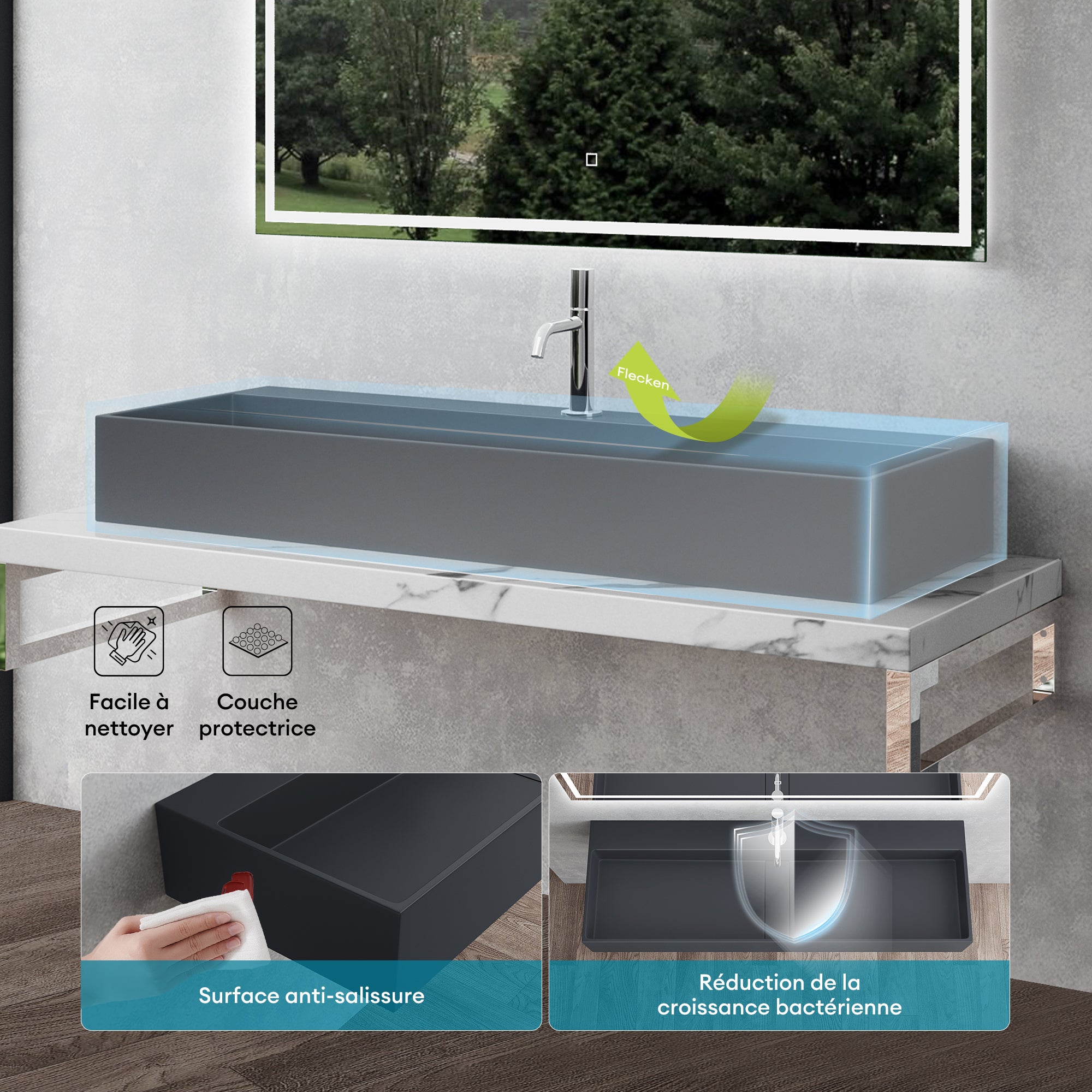 Mai & Mai Lavabo Suspendu Vasque à Poser Gris Noir Mat 100x40x14cm Évier Lave Mains Salle de Bain avec Cache Bonde Col6028 - 4