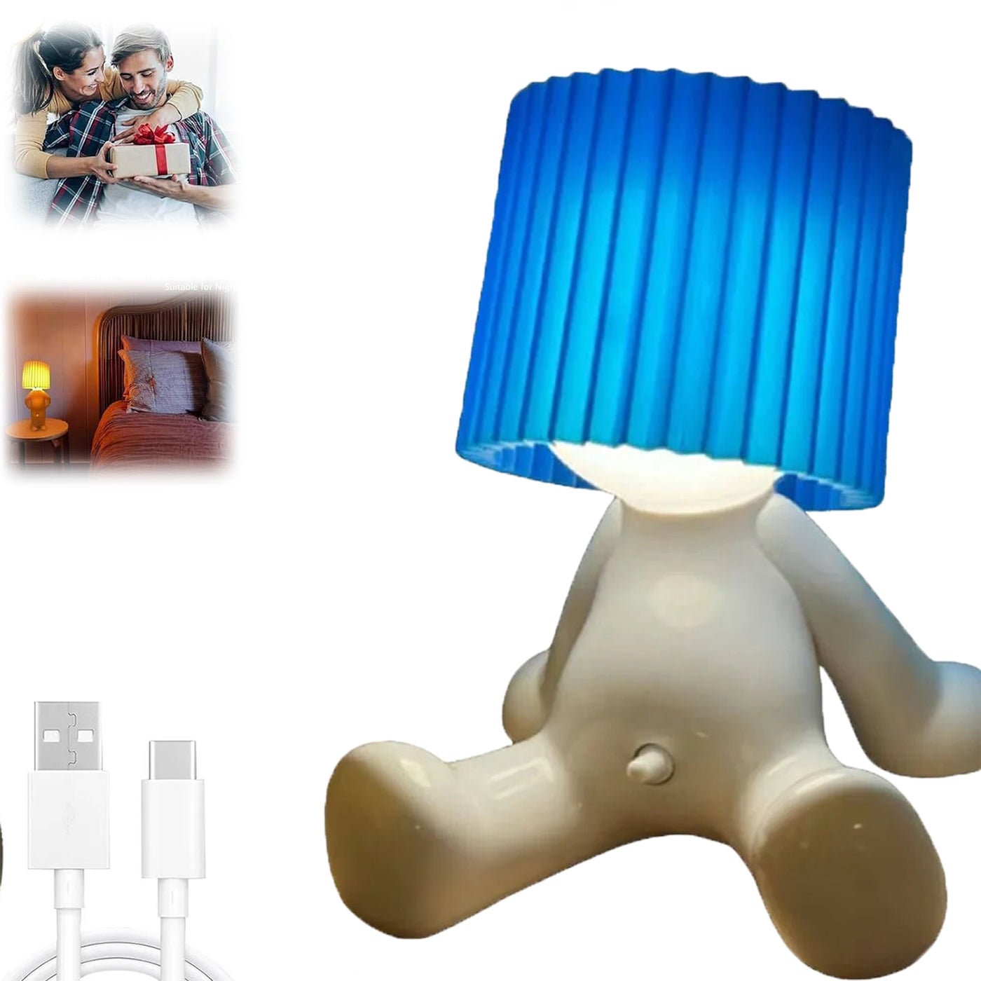 Lampa stołowa Shy Boy, ładowana lampka nocna, zabawna lampa stołowa LED, ciepłe światło, prezent dla rodziny i przyjaciół (niebieska)