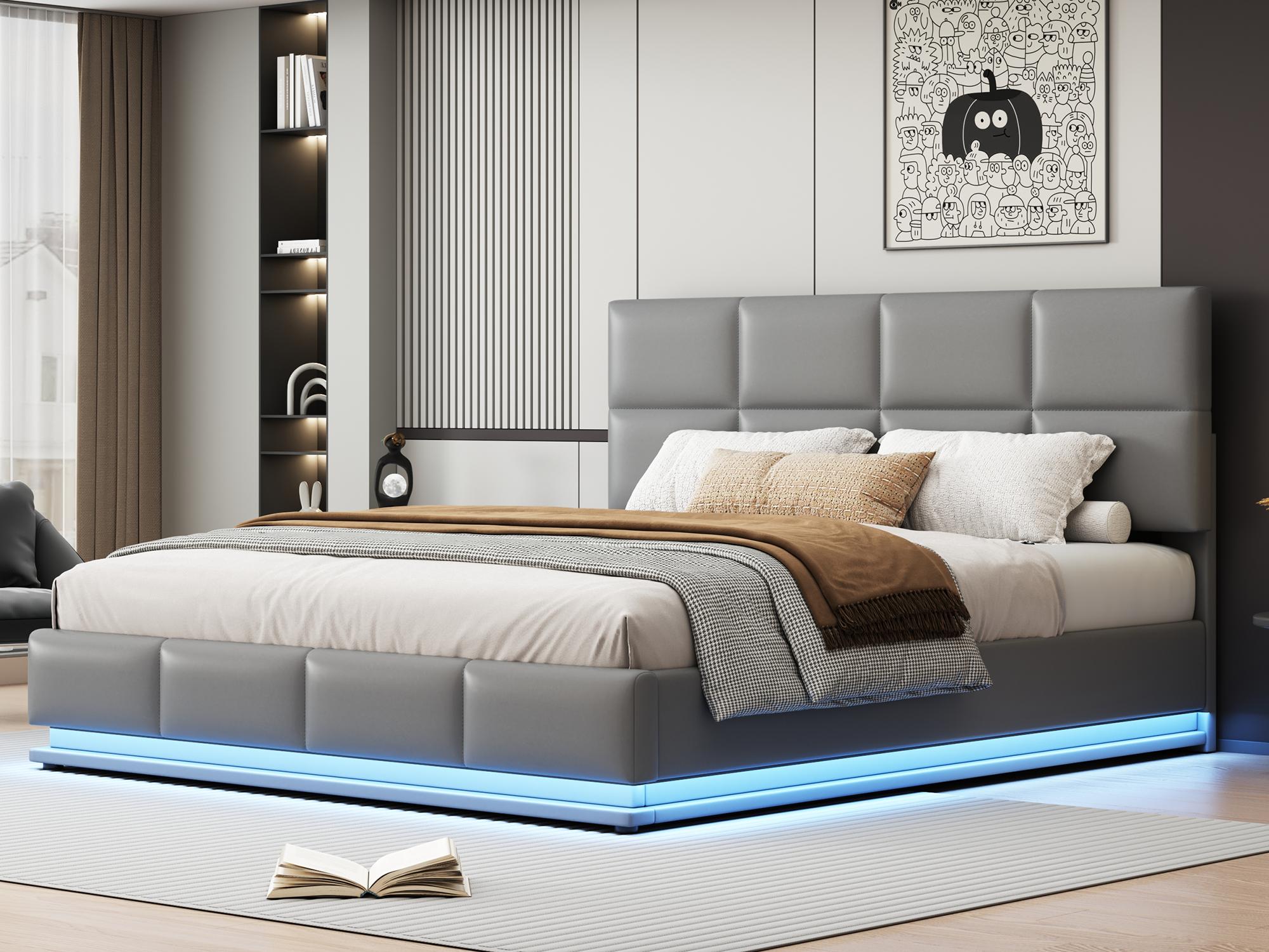 Łóżko z tapicerowanym stelażem 180x200 cm z oświetleniem LED - z ekoskóry - Jasnoszare
