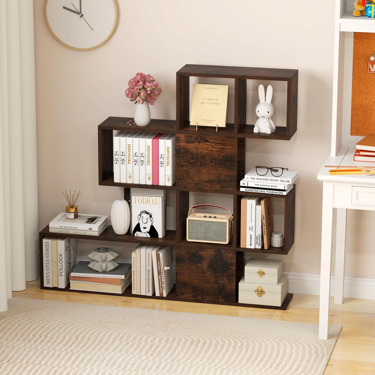 Libreria in Legno, 5 Livelli con Ante, Scaffale Multifunzionale a Forma di Scala, Ideale per Soggiorno Studio Ufficio, 120x19,5x109cm (Marron) - 7