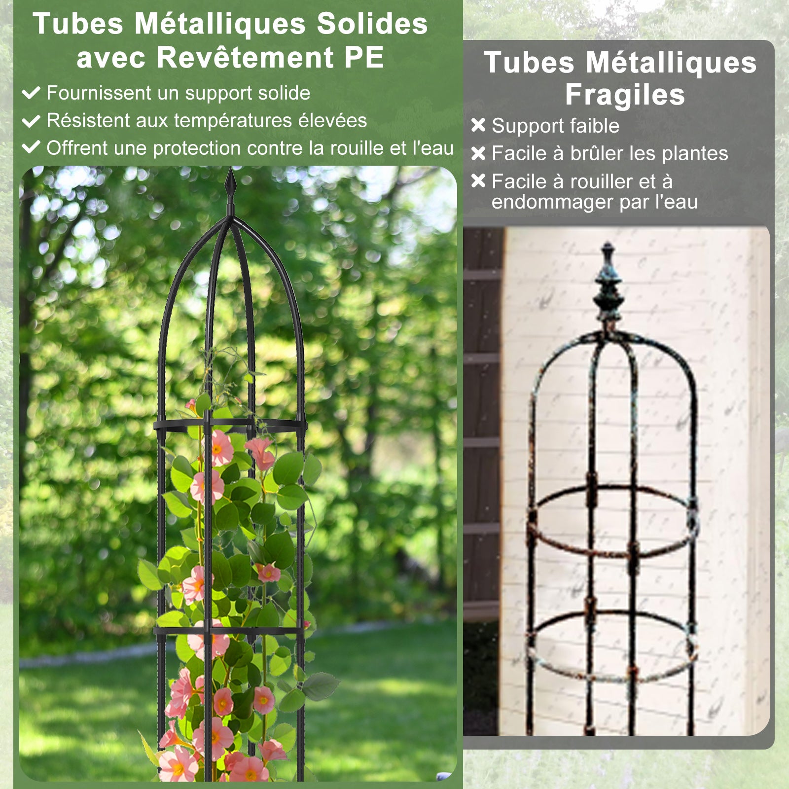 Lot de 2 Treillis Obélisque de Jardin Hauteur Réglable, Support pour Plantes Grimpantes en Métal Antirouille Mangeoire à Oiseaux, 30 x 197 CM - 5