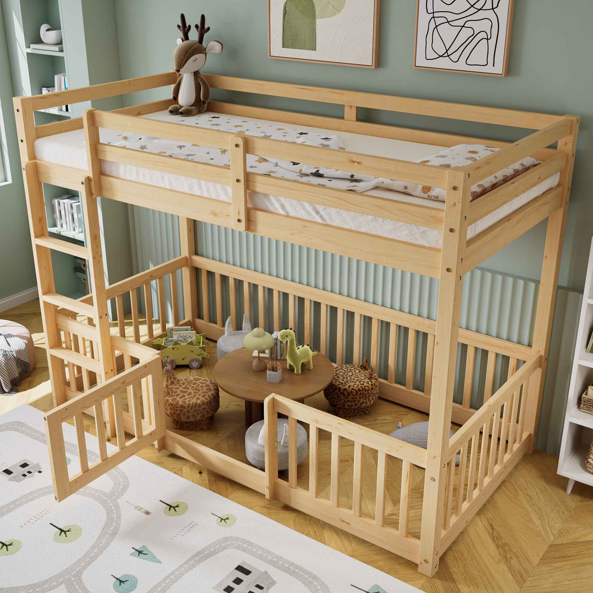 Lit superposé avec escalier droit, lit avec barrières et petite porte, lit bébé avec protection anti-chute et barreaux, bois massif, (200 x 90 cm) - 3